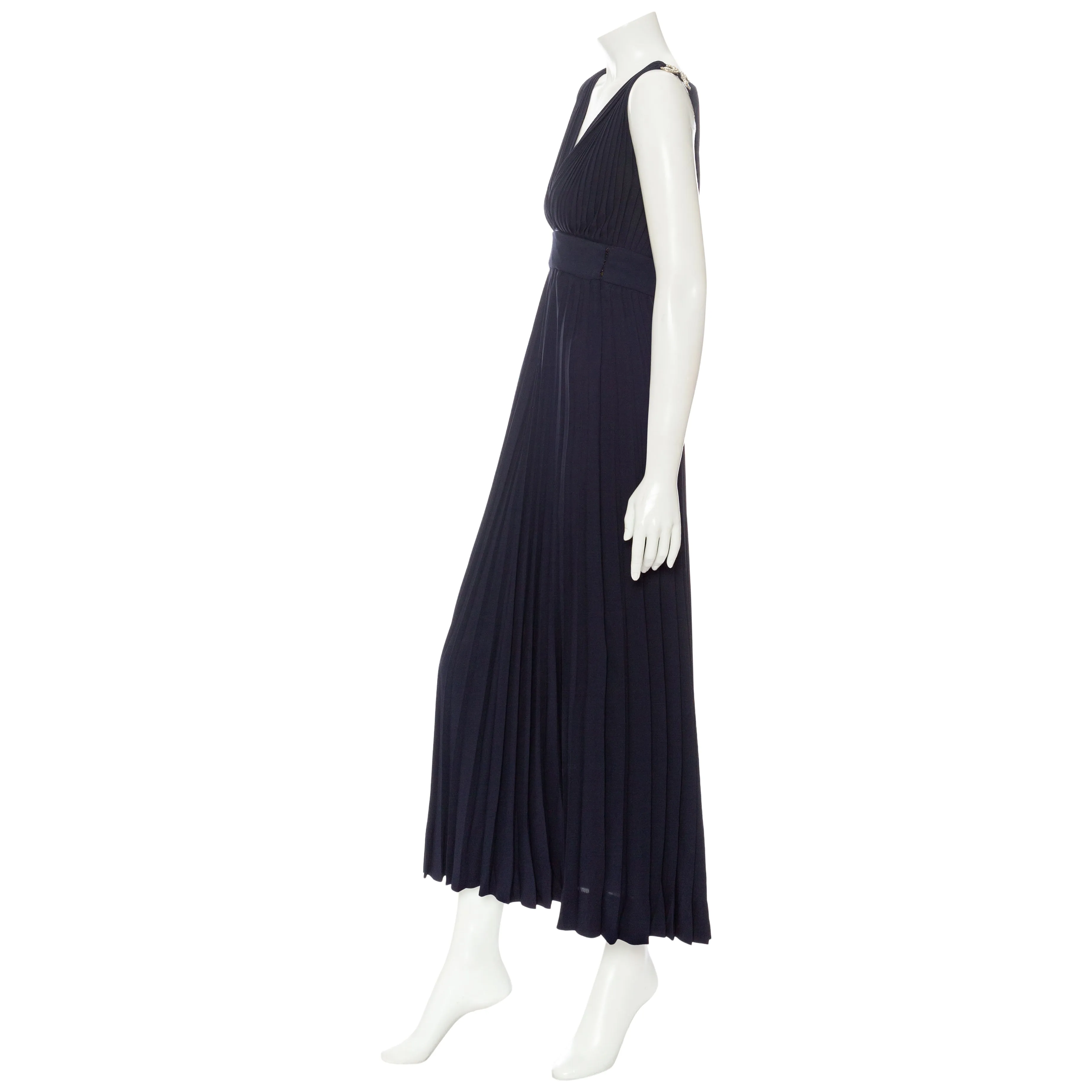 1970s Navy Pleated Two-Piece Rhinestone Maxi Dress