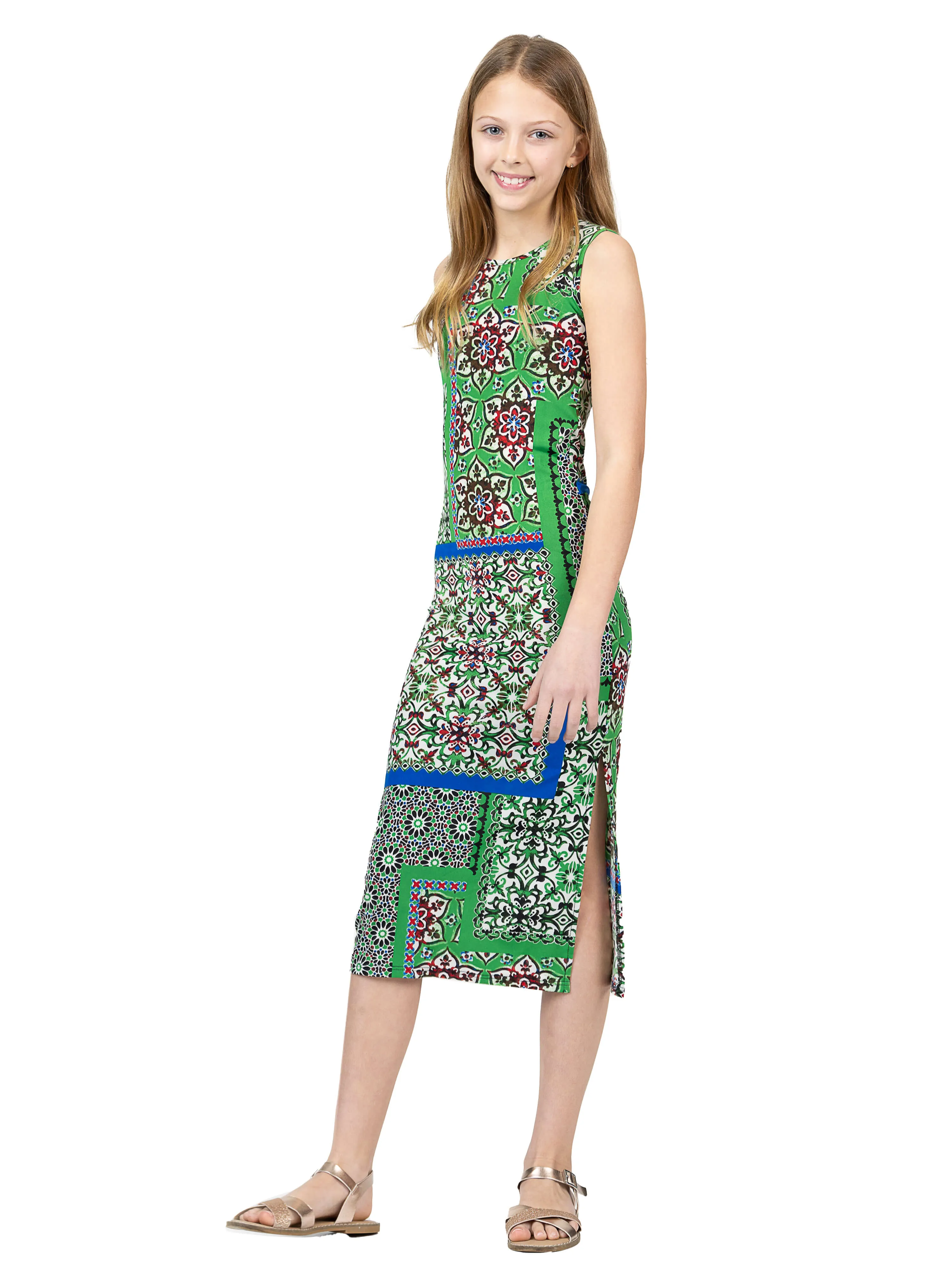 24sevenkid Girls Green Scarf Print Side Slit Maxi Dress