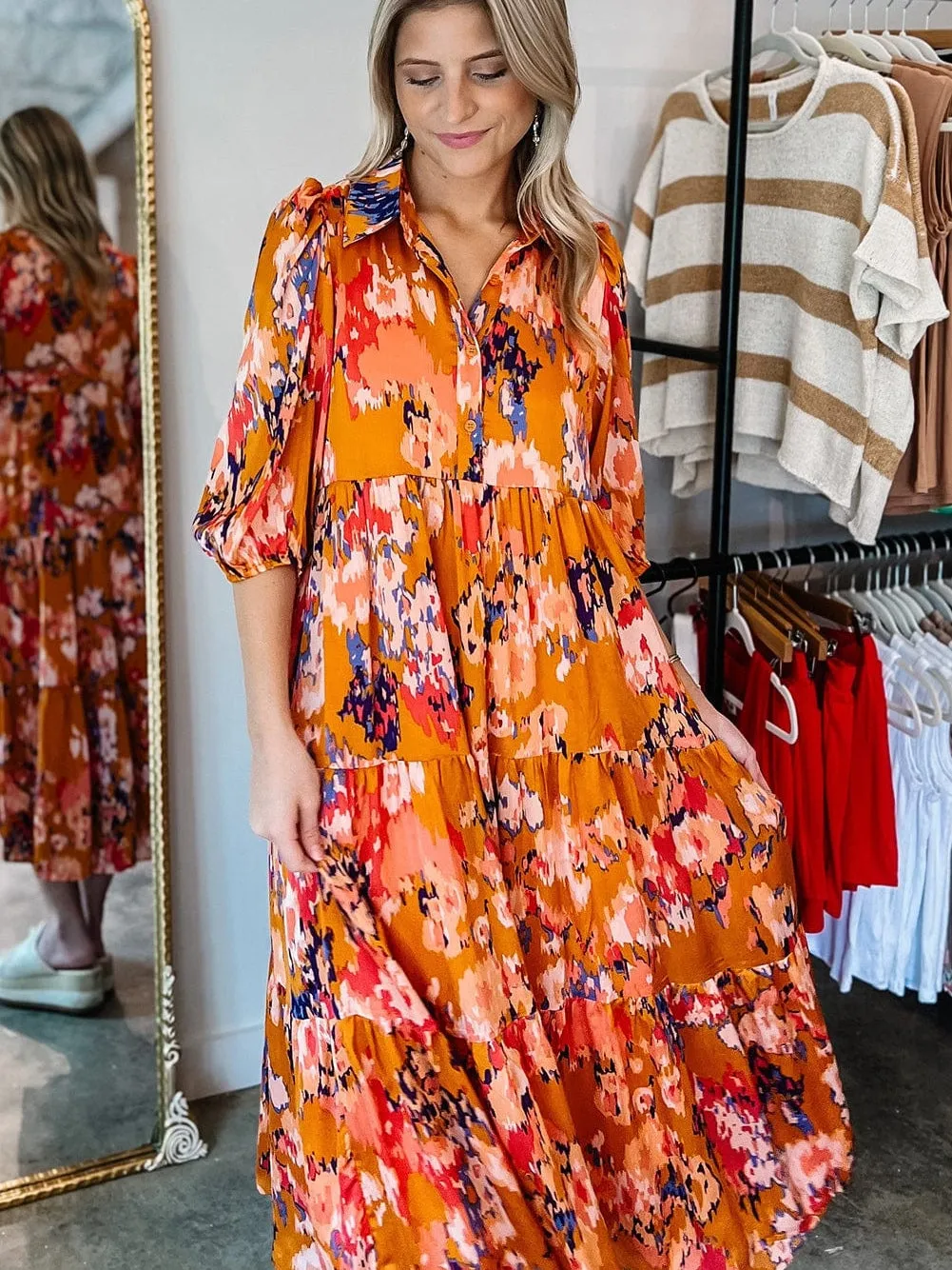 Abstract Orange Print Tiered Maxi Dress with Buttoned Half Sleeves