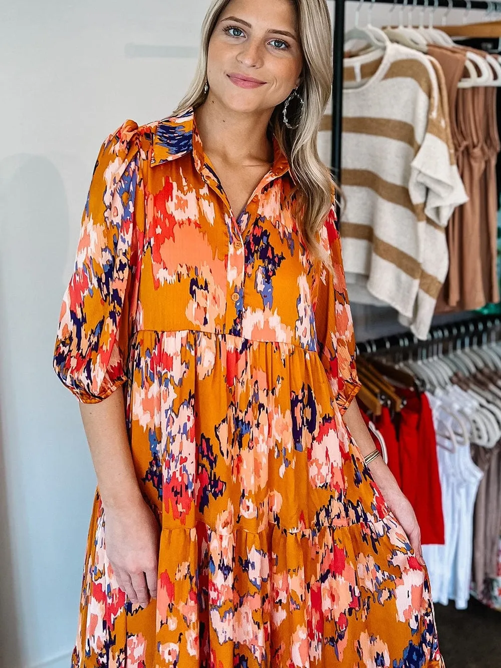 Abstract Orange Print Tiered Maxi Dress with Buttoned Half Sleeves