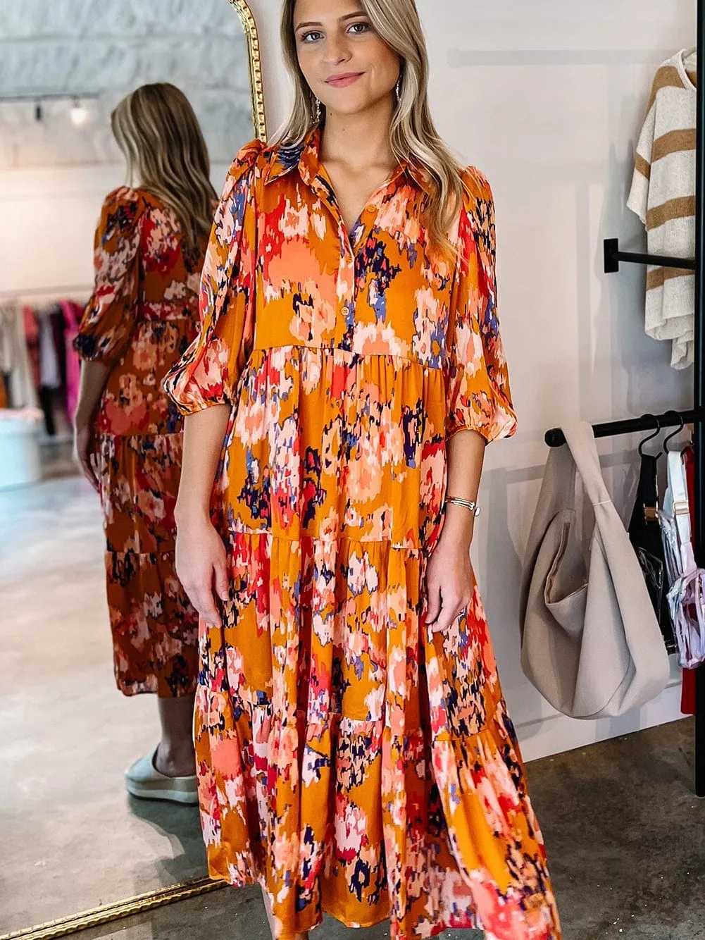 Abstract Orange Print Tiered Maxi Dress with Buttoned Half Sleeves