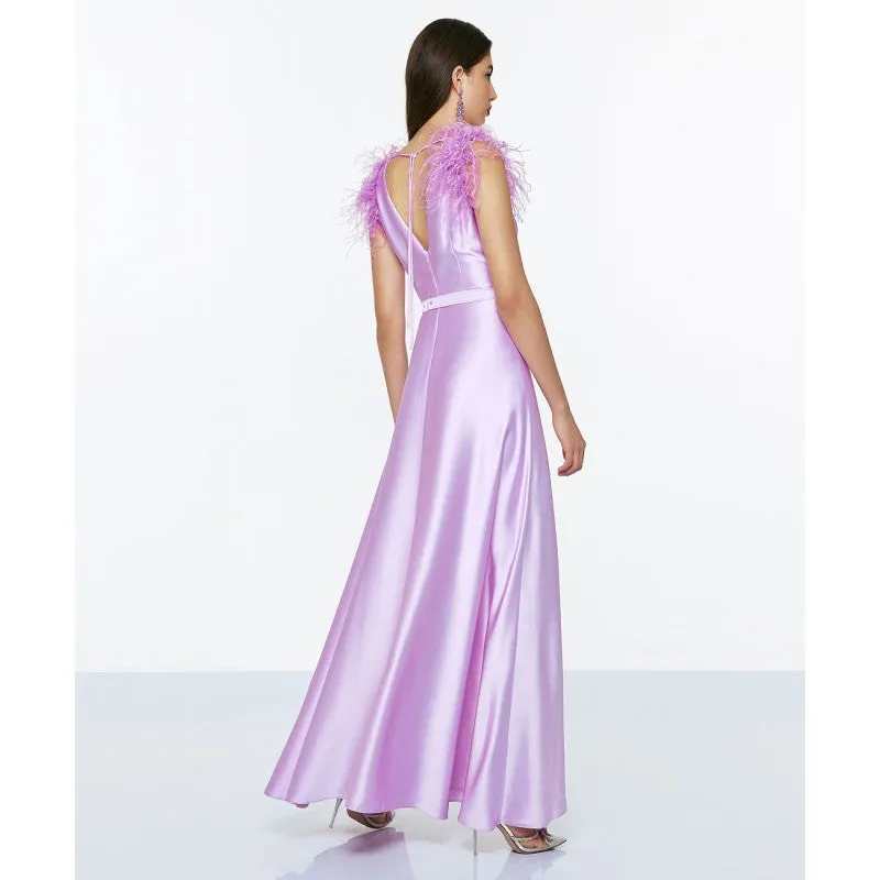 Access Maxi Satin Dress With Feathers