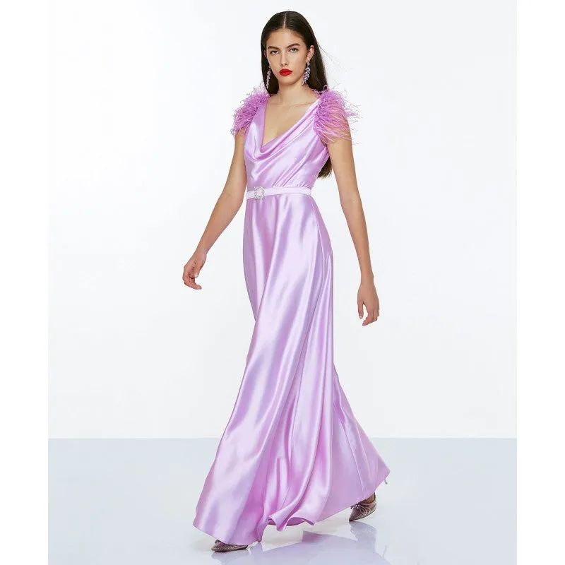 Access Maxi Satin Dress With Feathers