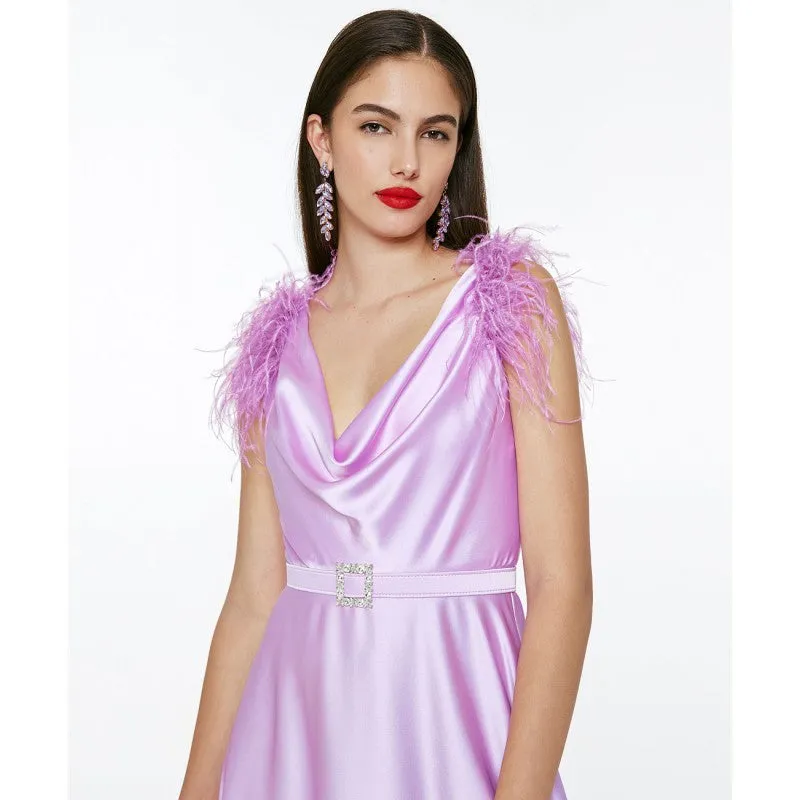 Access Maxi Satin Dress With Feathers