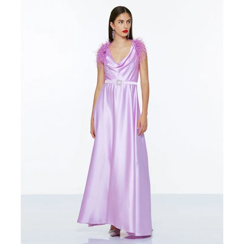 Access Maxi Satin Dress With Feathers