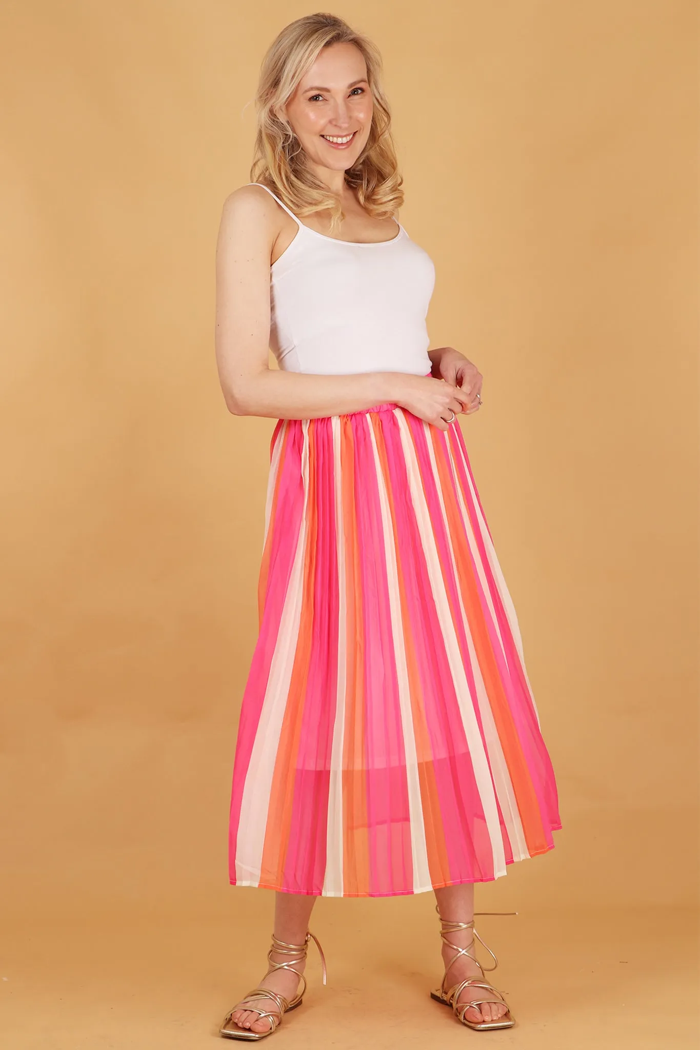 Alternating Striped Chiffon Pleated Midi Skirt in Pink Coral