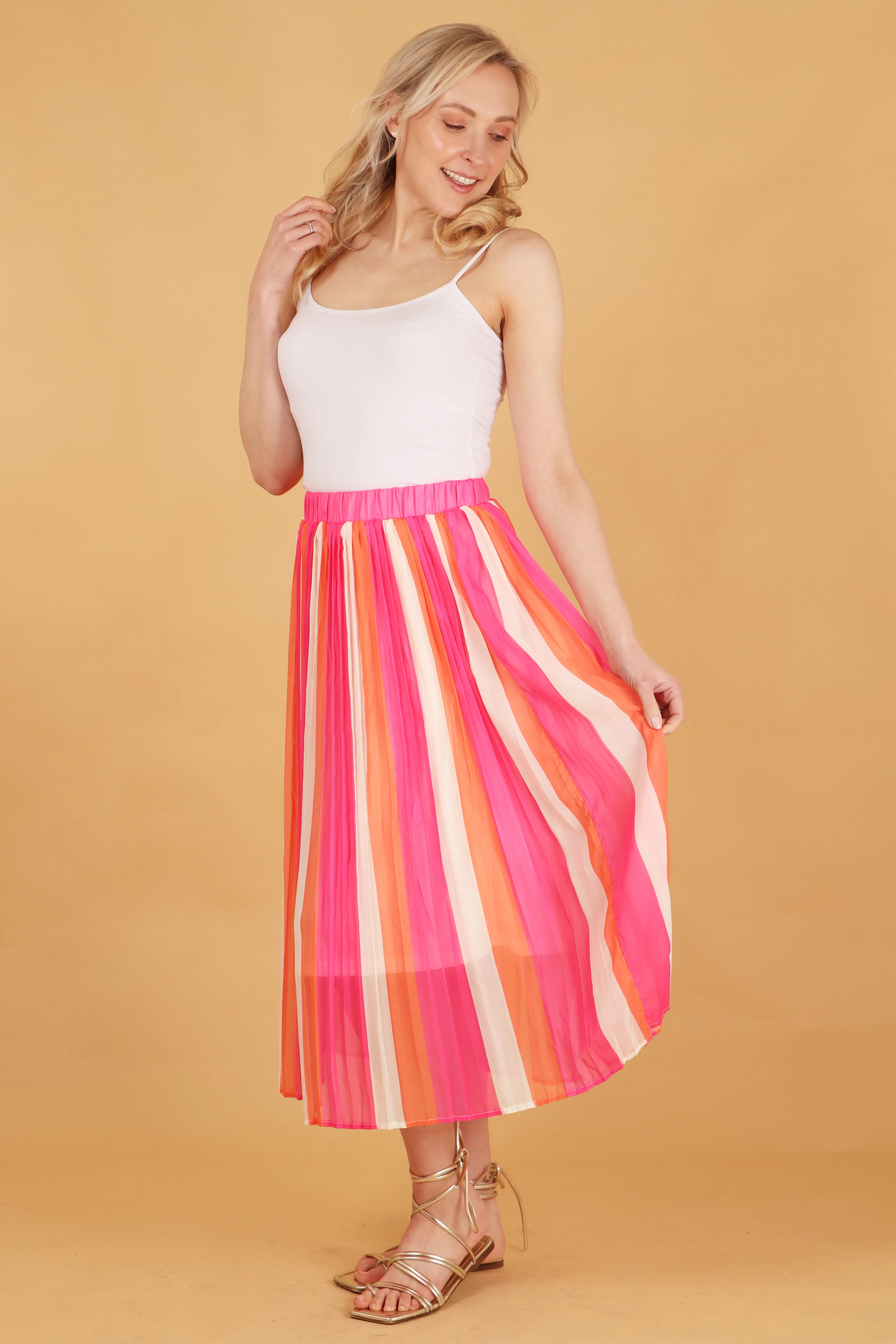 Alternating Striped Chiffon Pleated Midi Skirt in Pink Coral