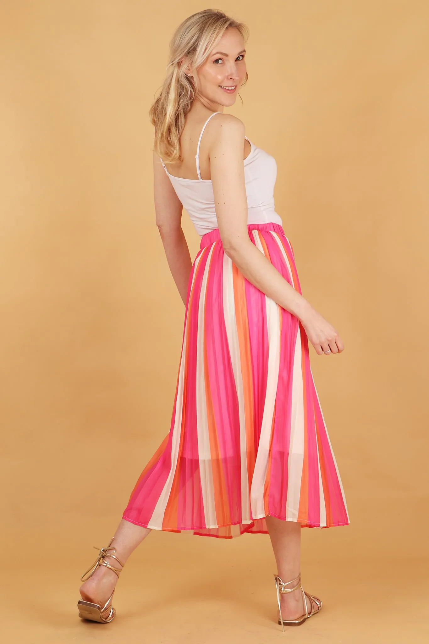 Alternating Striped Chiffon Pleated Midi Skirt in Pink Coral