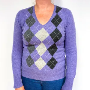 Amethyst Purple Grey Argyle Cashmere V-Neck Jumper Large