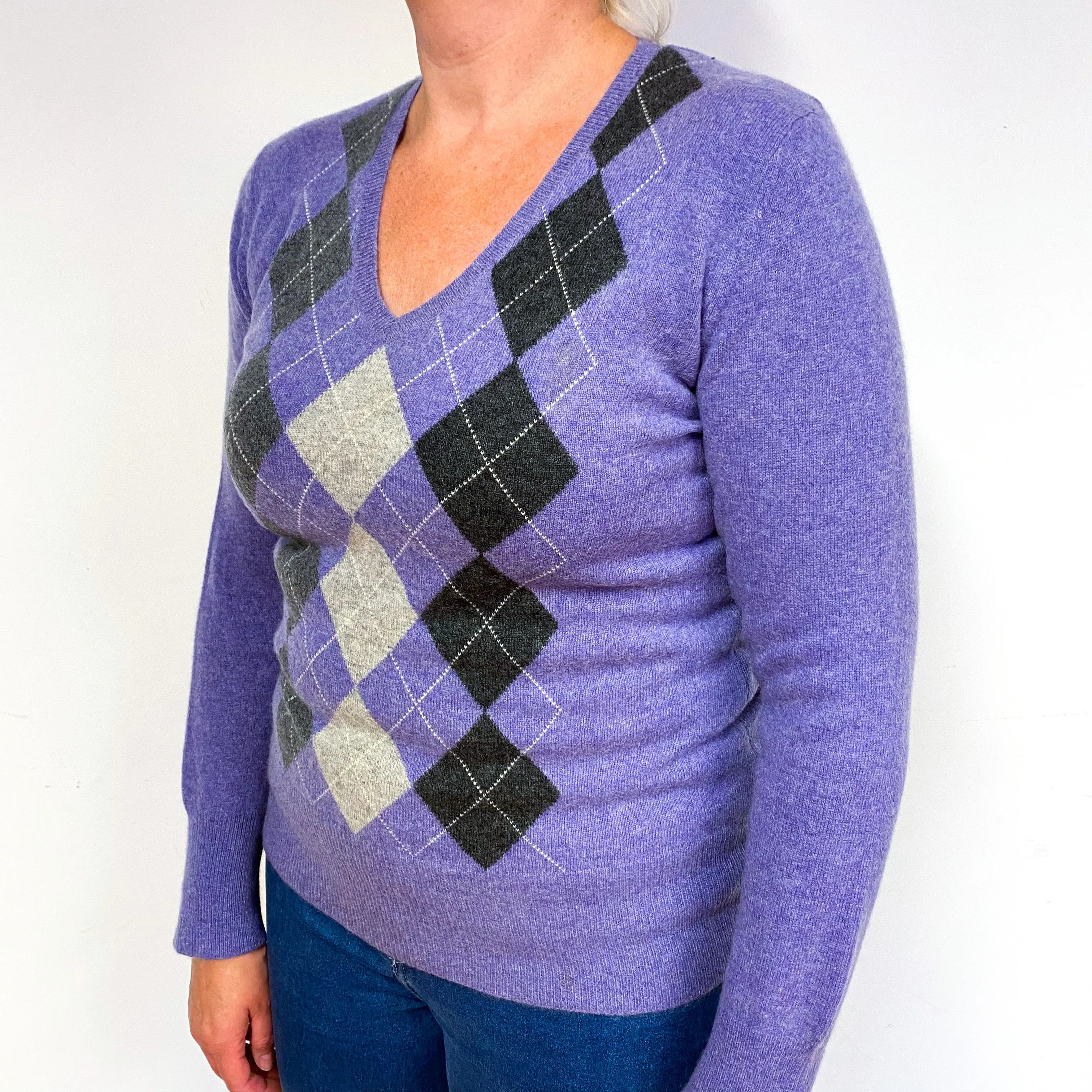 Amethyst Purple Grey Argyle Cashmere V-Neck Jumper Large