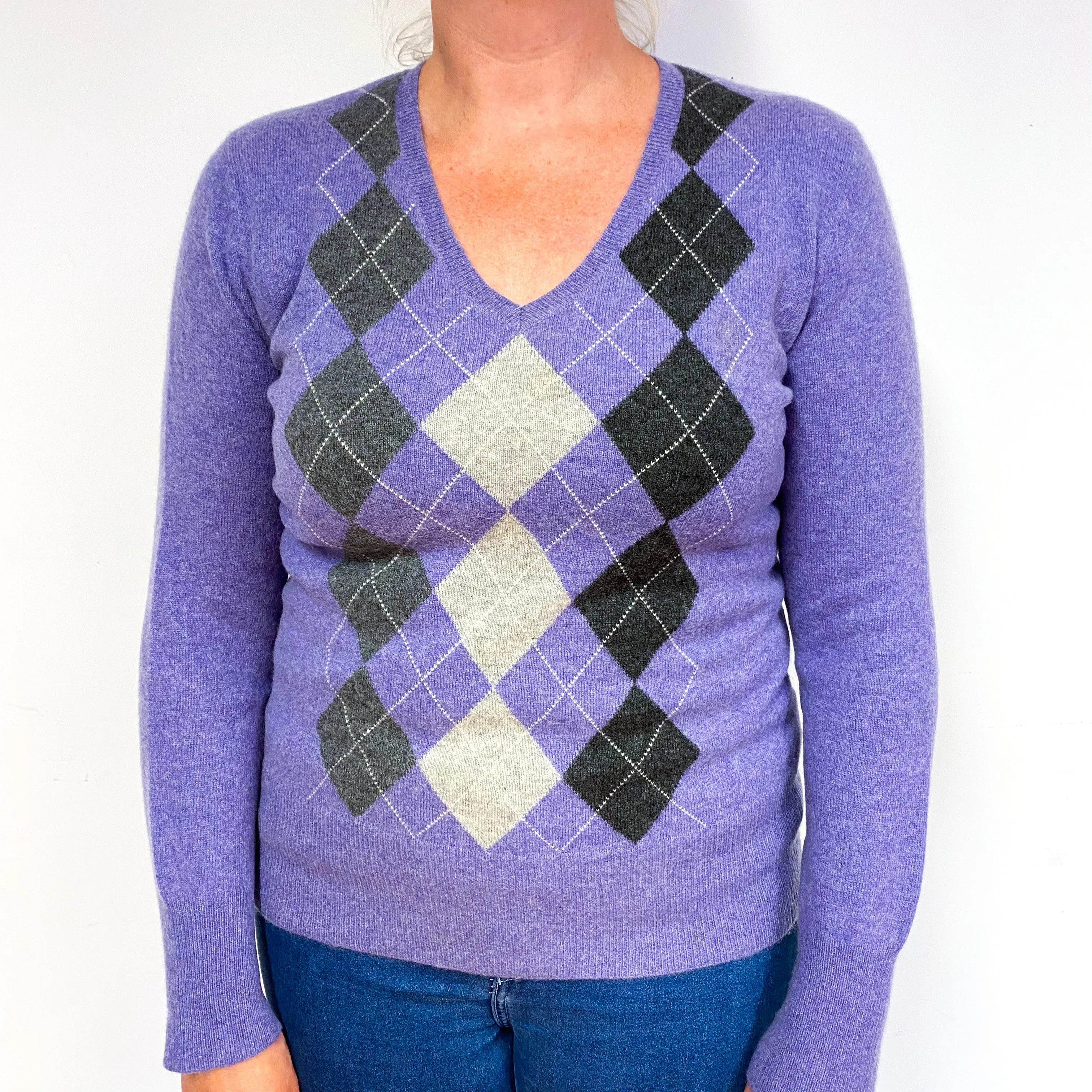 Amethyst Purple Grey Argyle Cashmere V-Neck Jumper Large