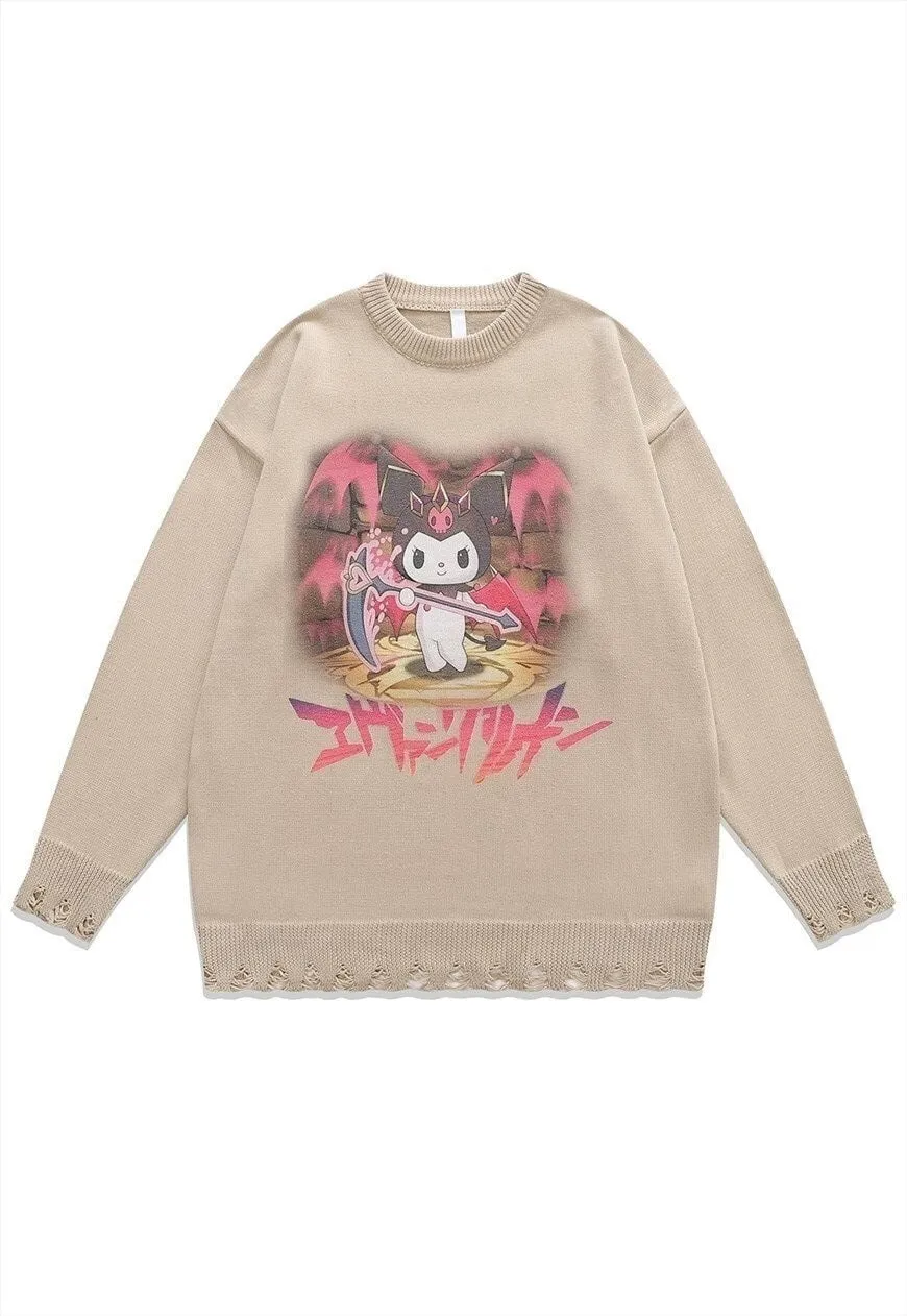 Anime sweater Manga knit distressed Japanese jumper in beige