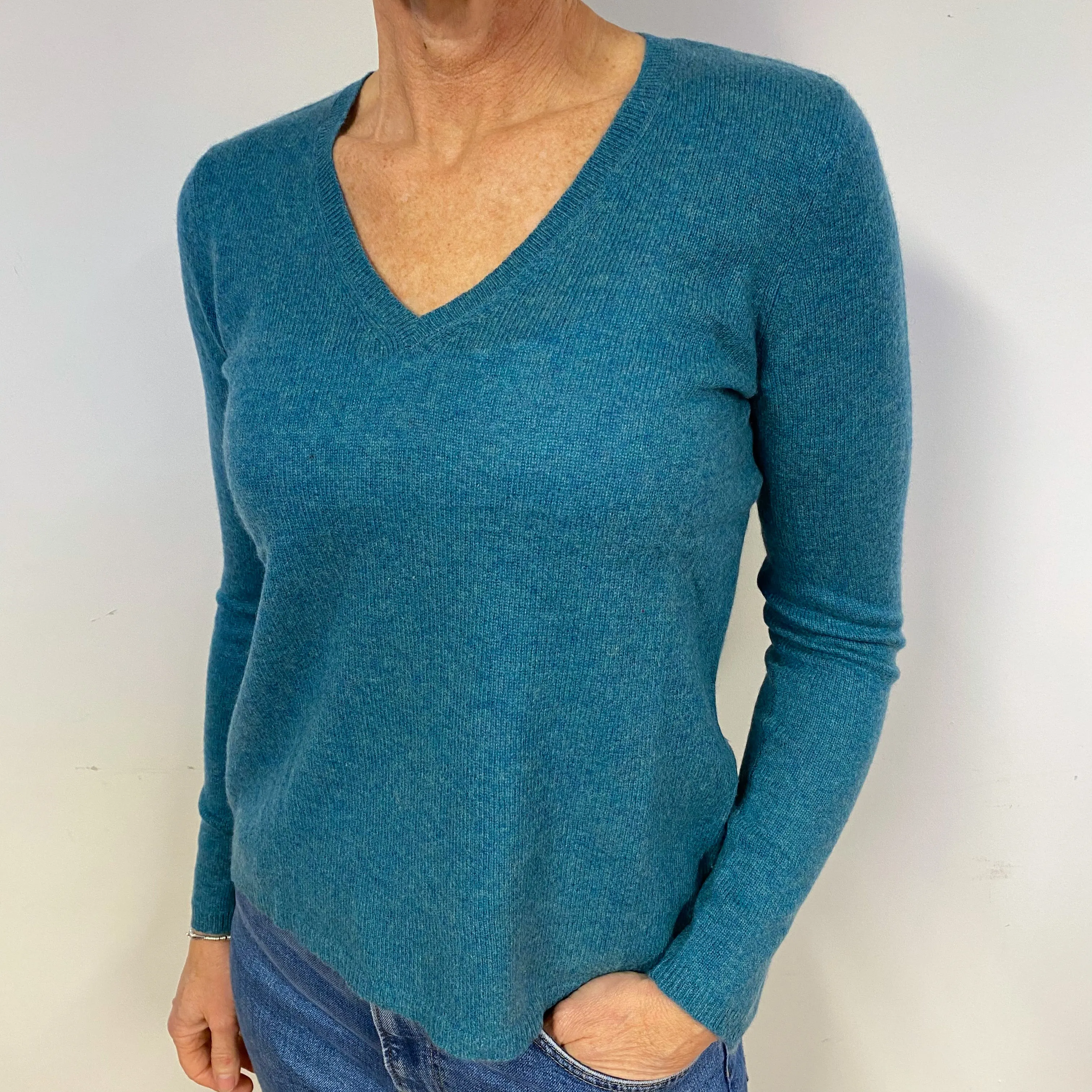 Aqua Green Lightweight Cashmere V-Neck Jumper Medium Petite