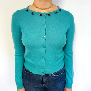 Aqua Green Rose Cashmere Crew Neck Cardigan Small