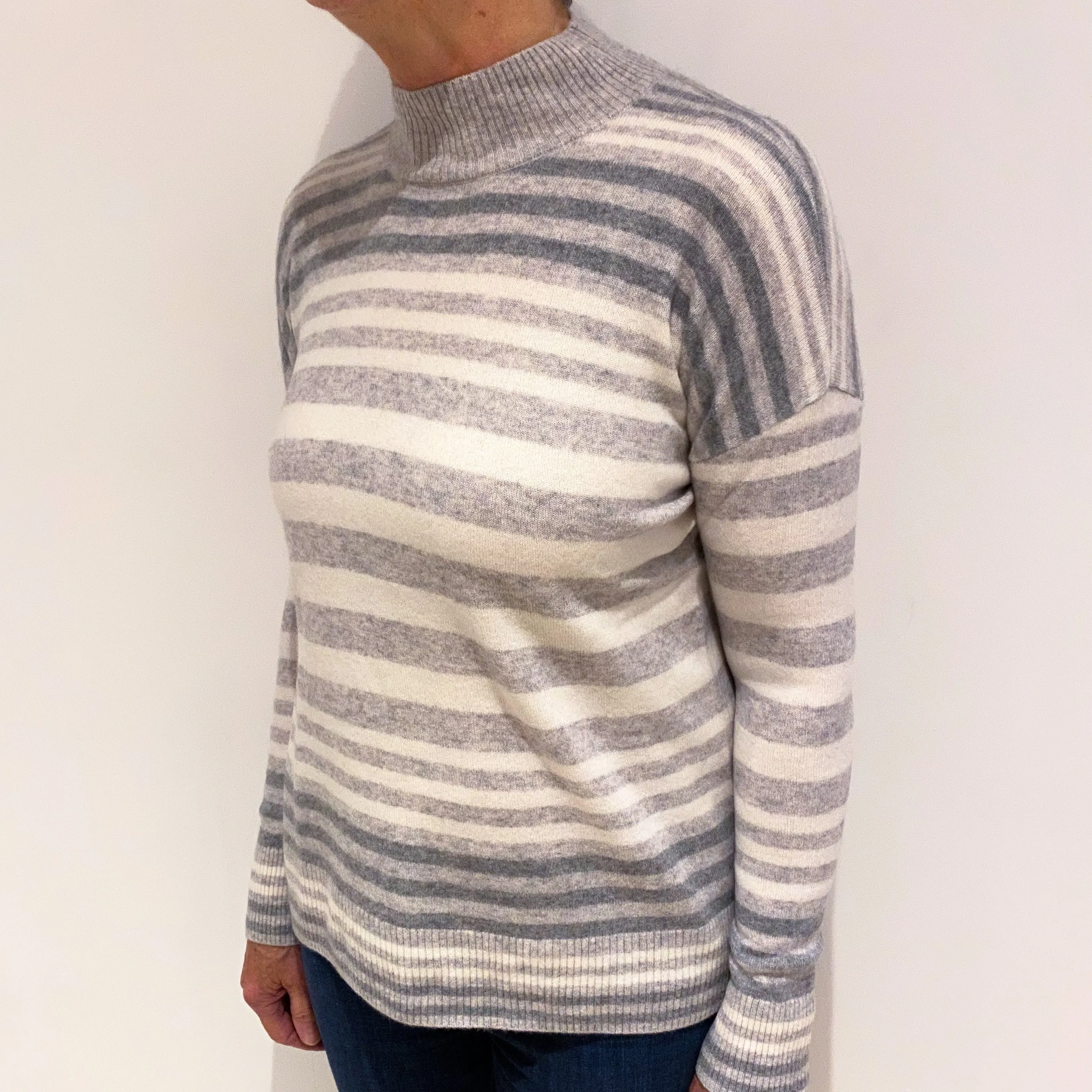 Ash Grey and Winter White Striped Cashmere Polo Neck Jumper Medium