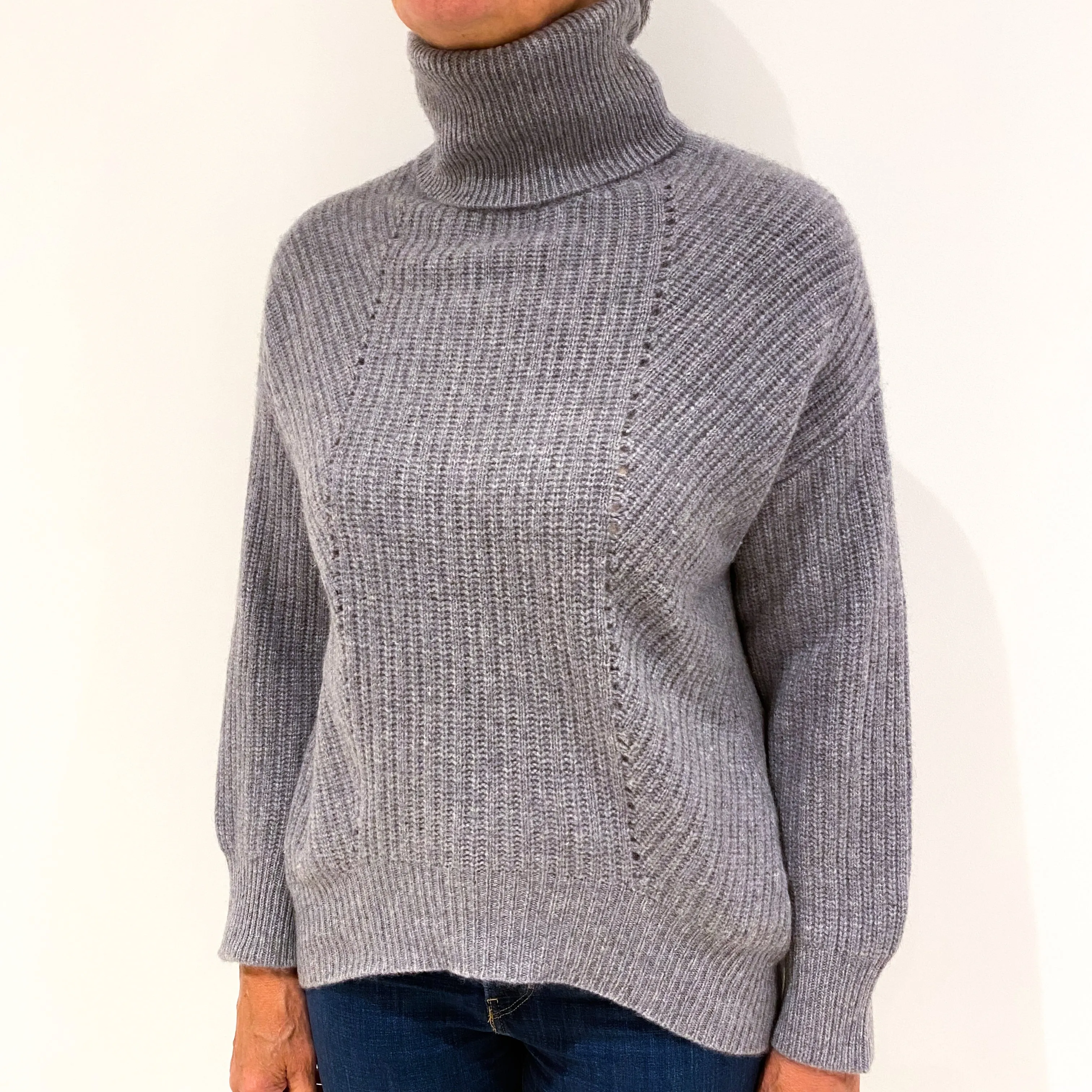 Ash Grey Chunky Cashmere Polo Neck Jumper Medium