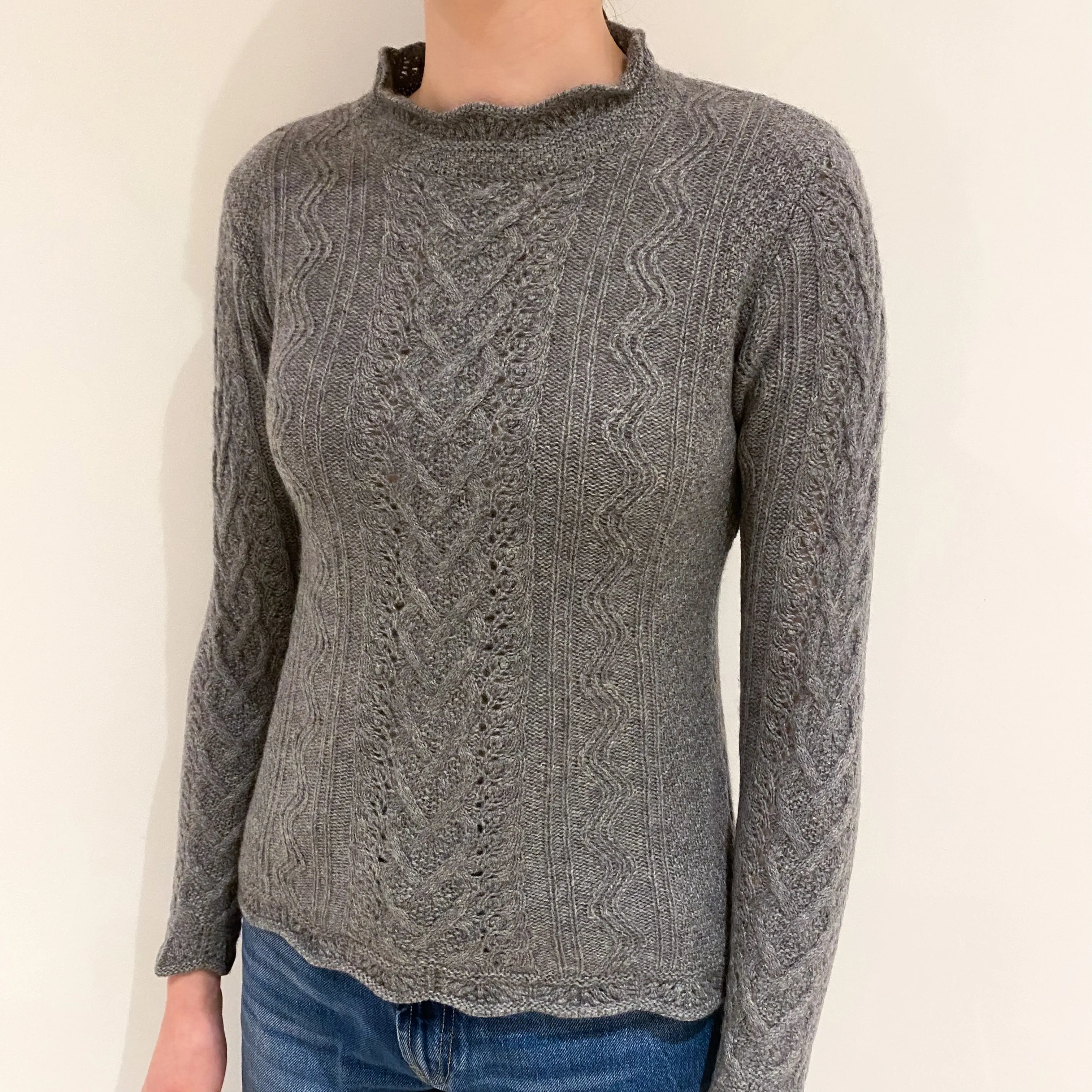 Ash Grey Fancy Knit Cashmere Funnel Neck Jumper Extra Small