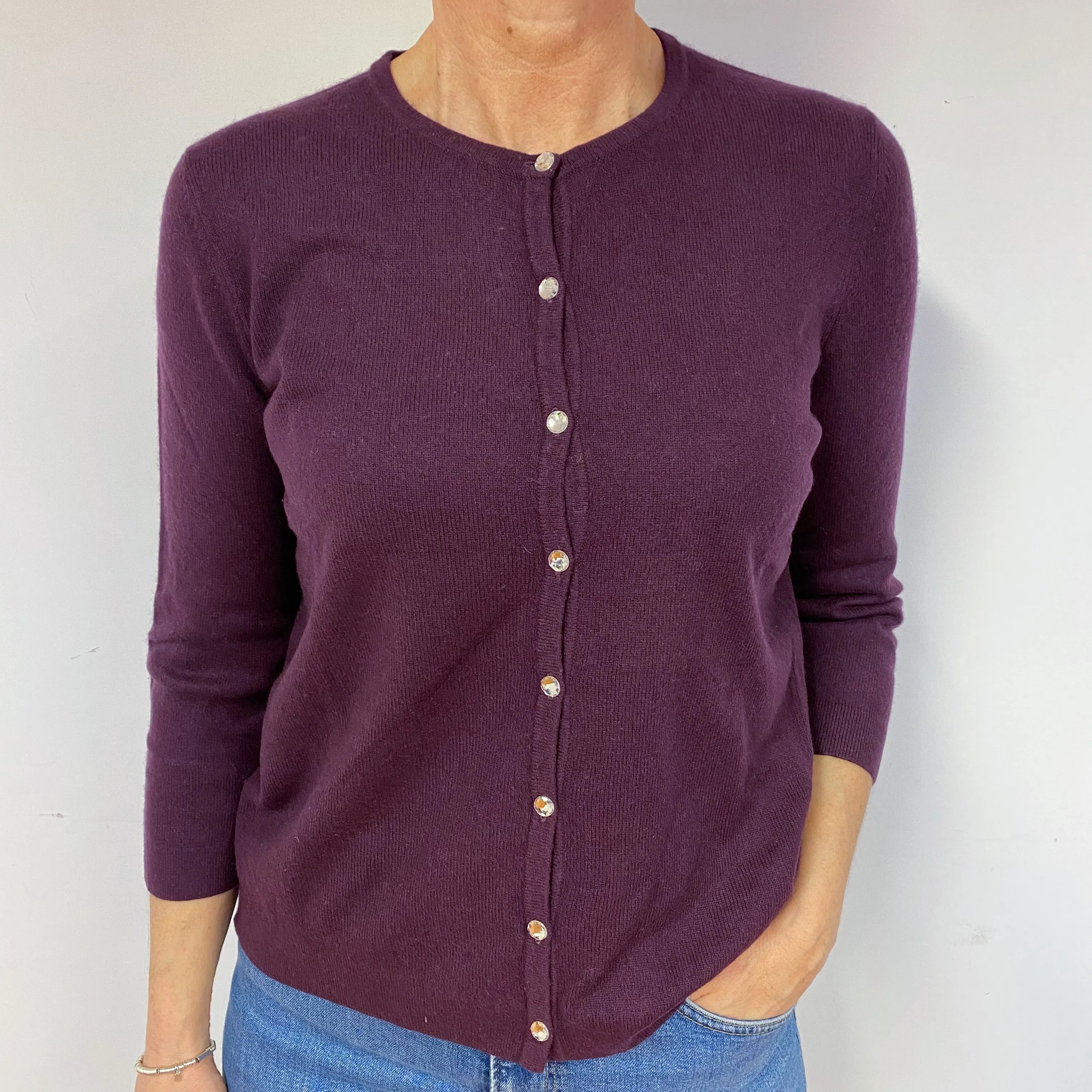 Aubergine Purple Cashmere Crew Neck Cardigan Medium