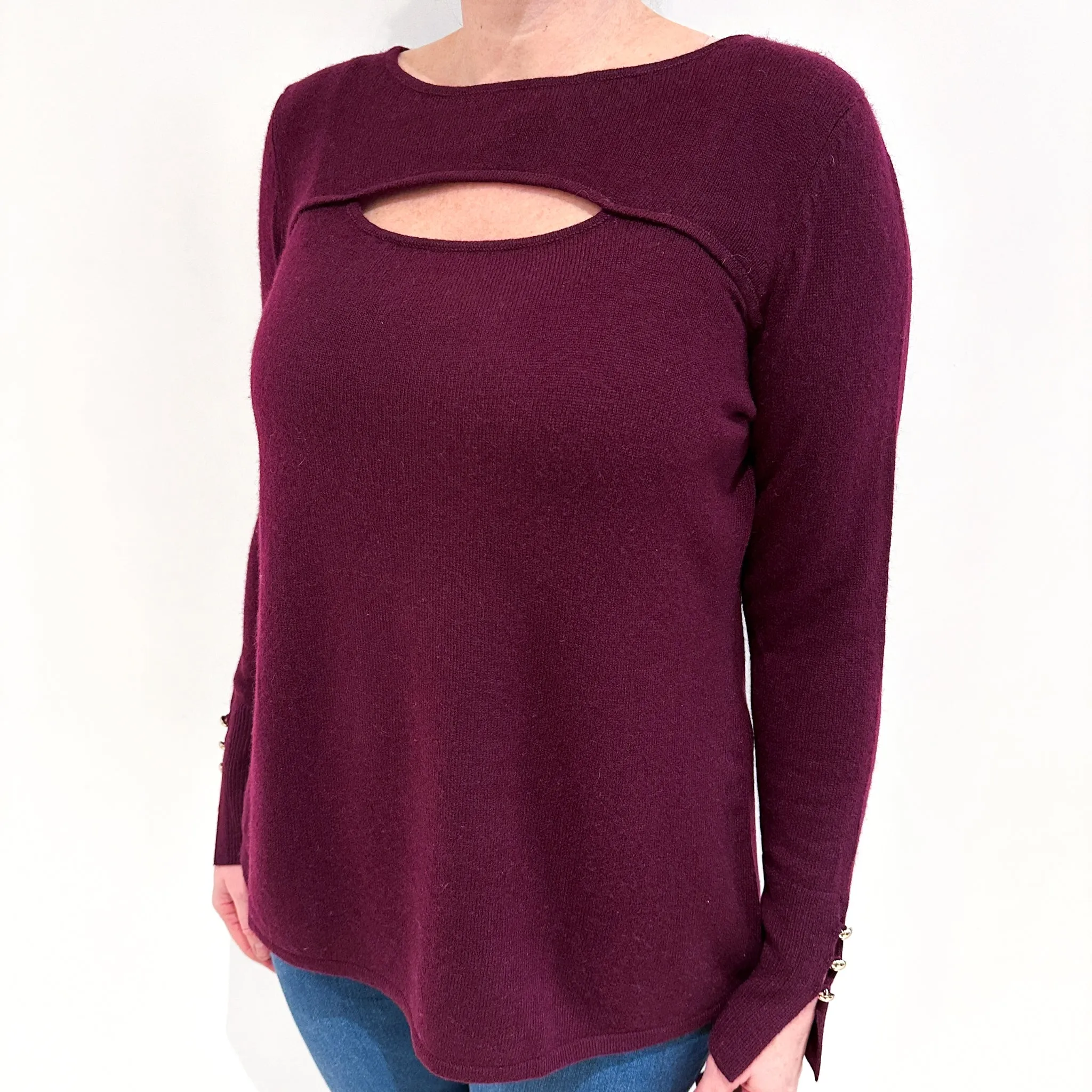 Aubergine Purple Cut Out Cashmere Crew Neck Jumper Large