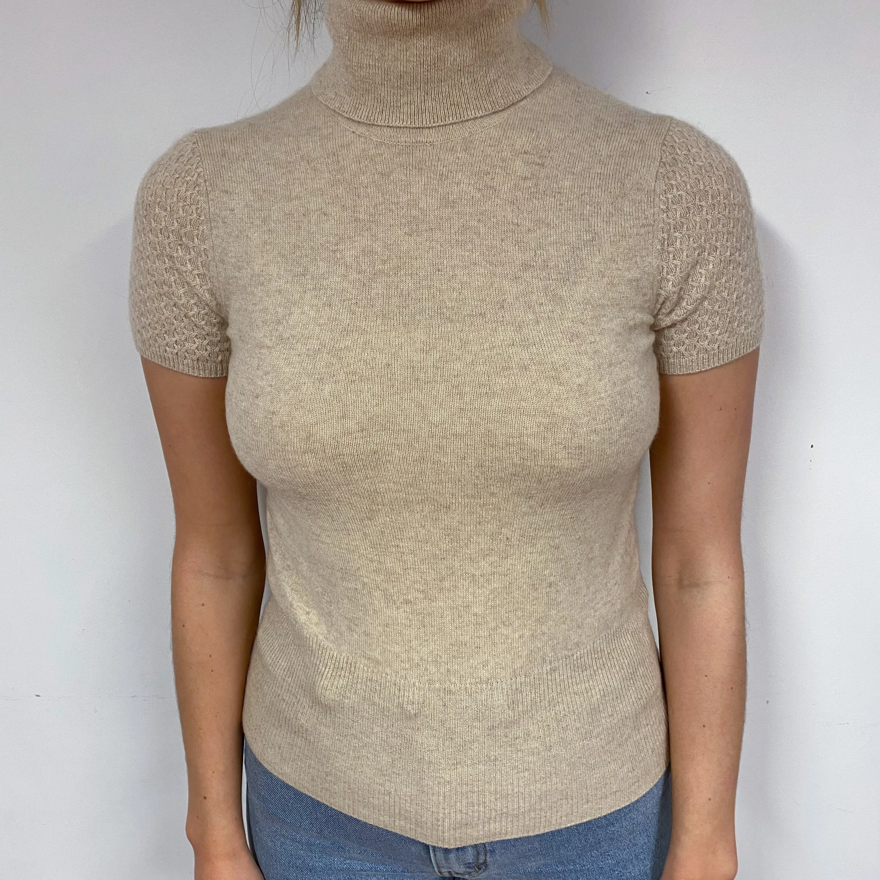 Beige Cashmere Short Sleeved  Polo Neck Jumper Small