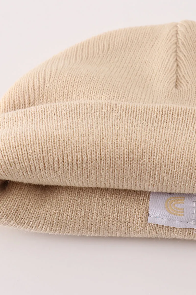 Beige ribbed basic knit beanie