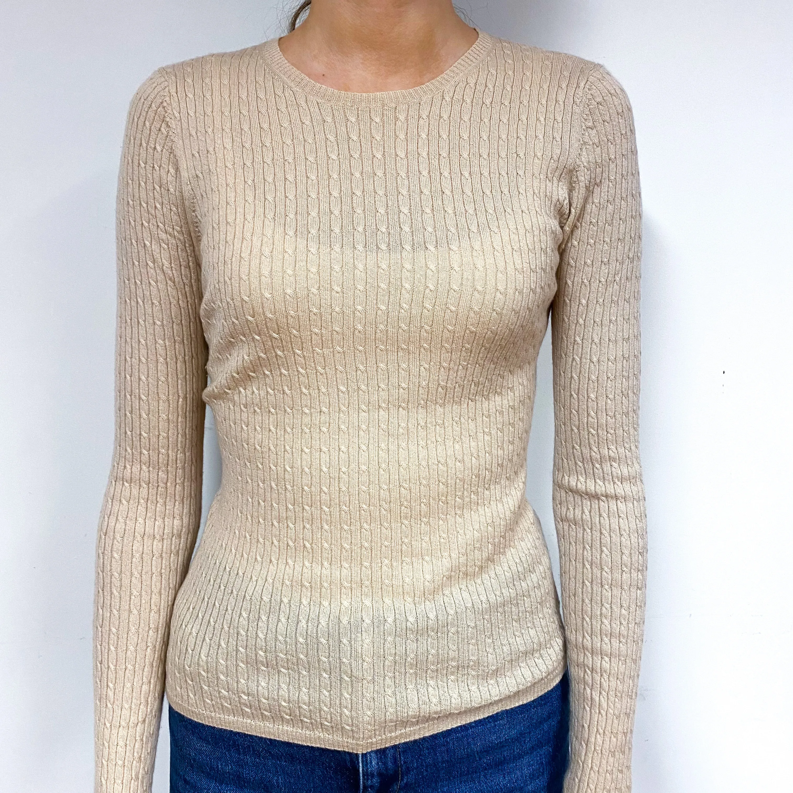 Beige Skinny Cable Cashmere Crew Neck Jumper Extra Small