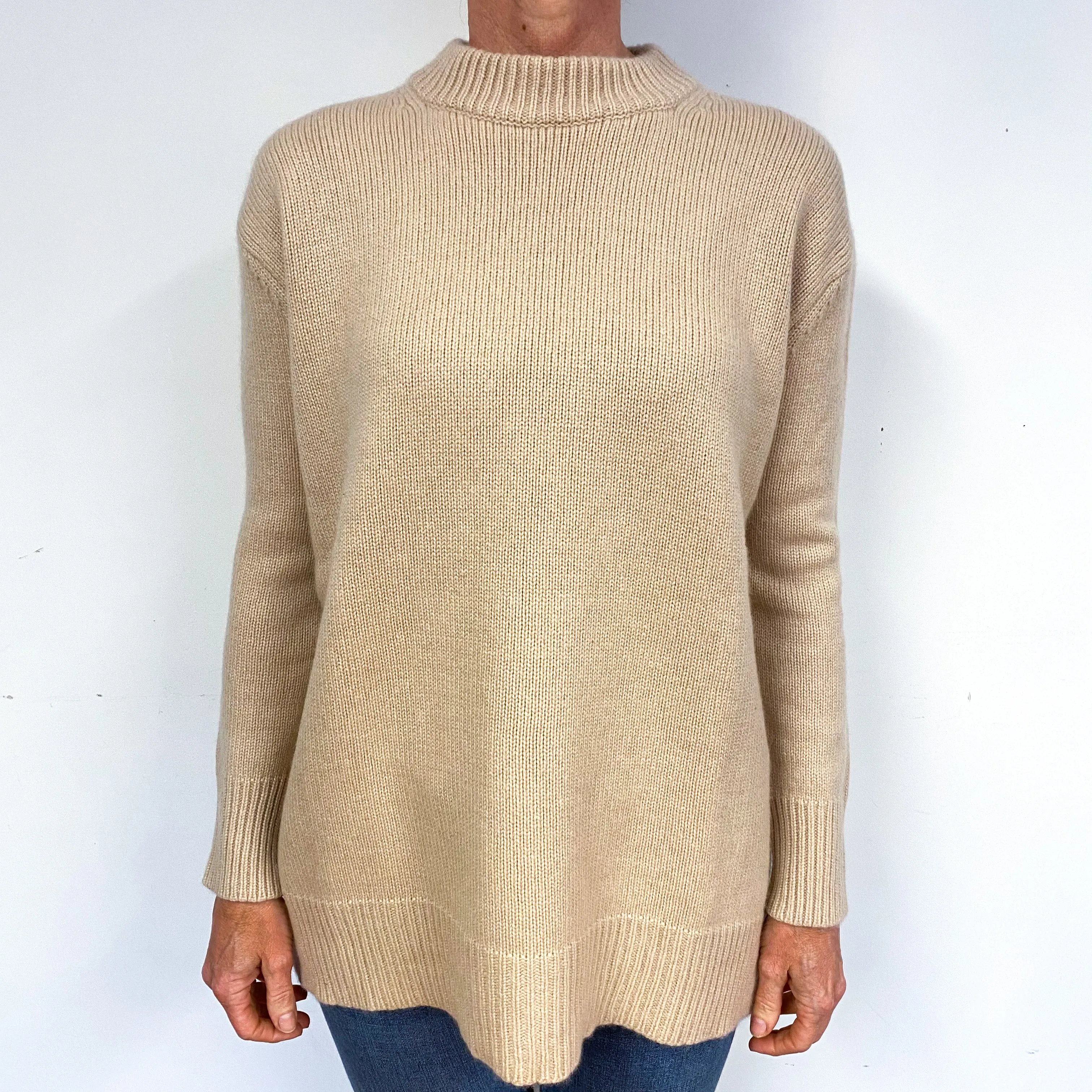 Beige Slouchy Chunky Cashmere Crew Neck Jumper Medium