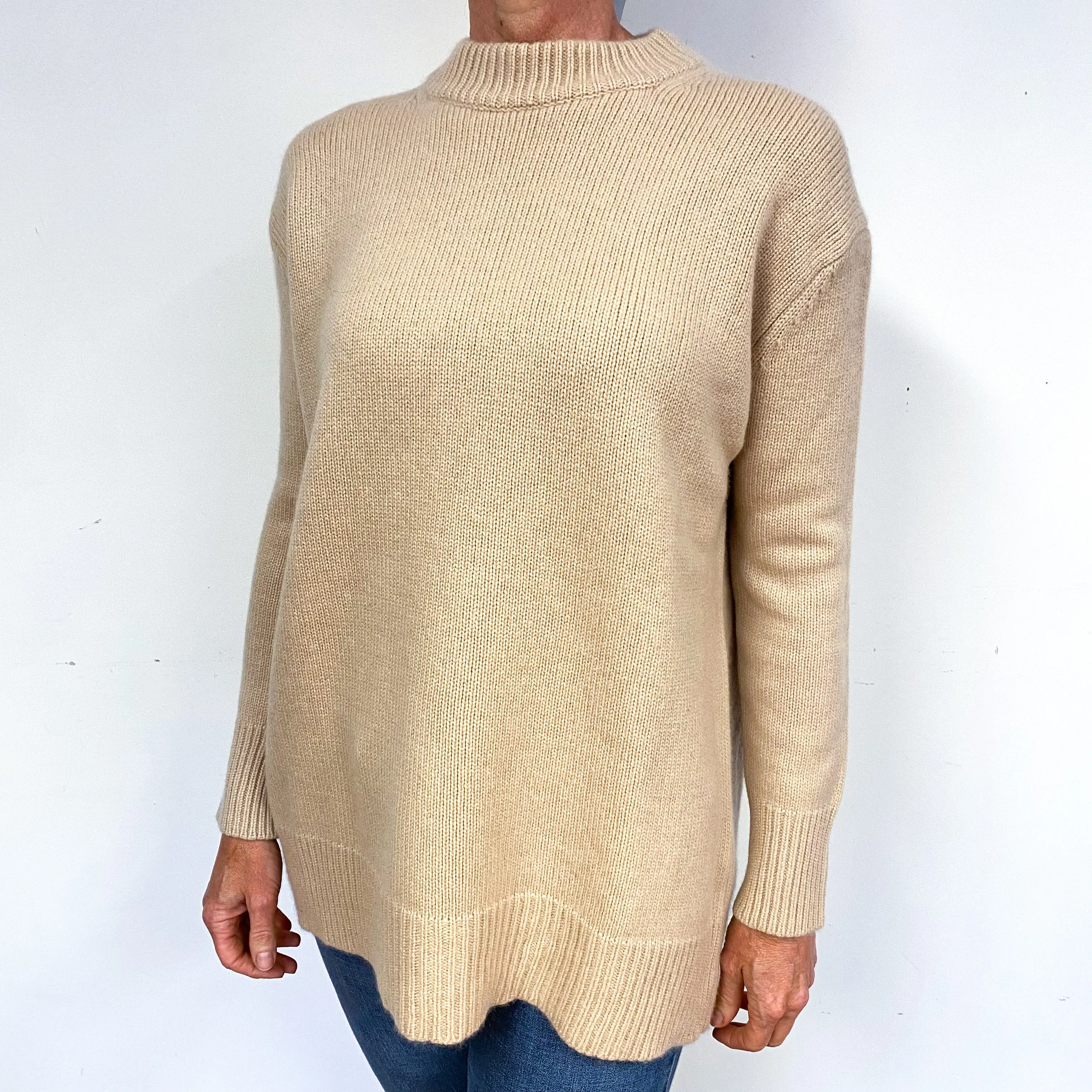 Beige Slouchy Chunky Cashmere Crew Neck Jumper Medium