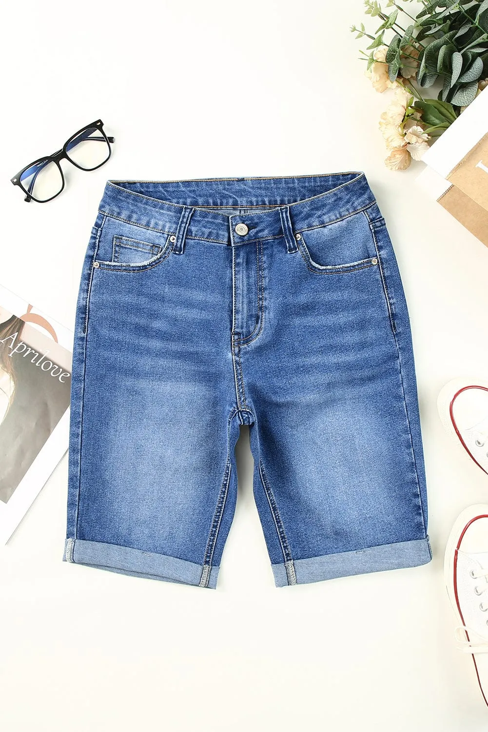 Bermuda Blue Acid Wash Denim Shorts with Roll-up Hem