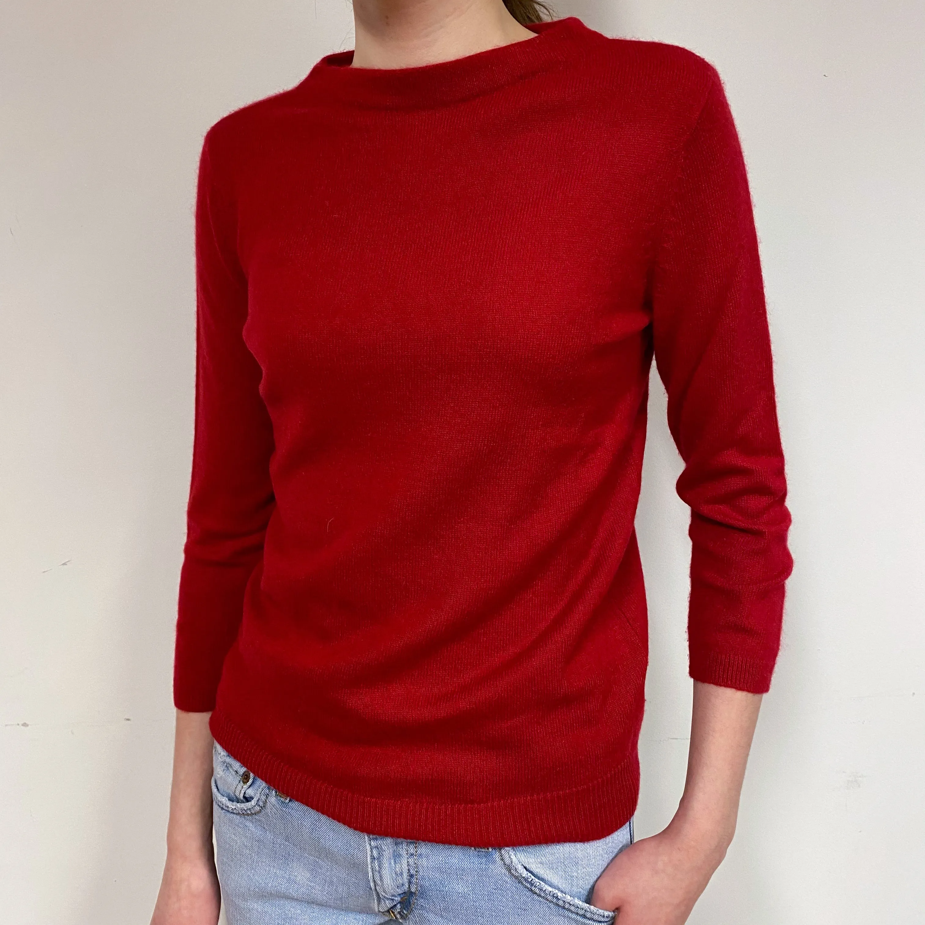 Berry Red 3/4 Sleeve Cashmere Crew Neck Jumper Small