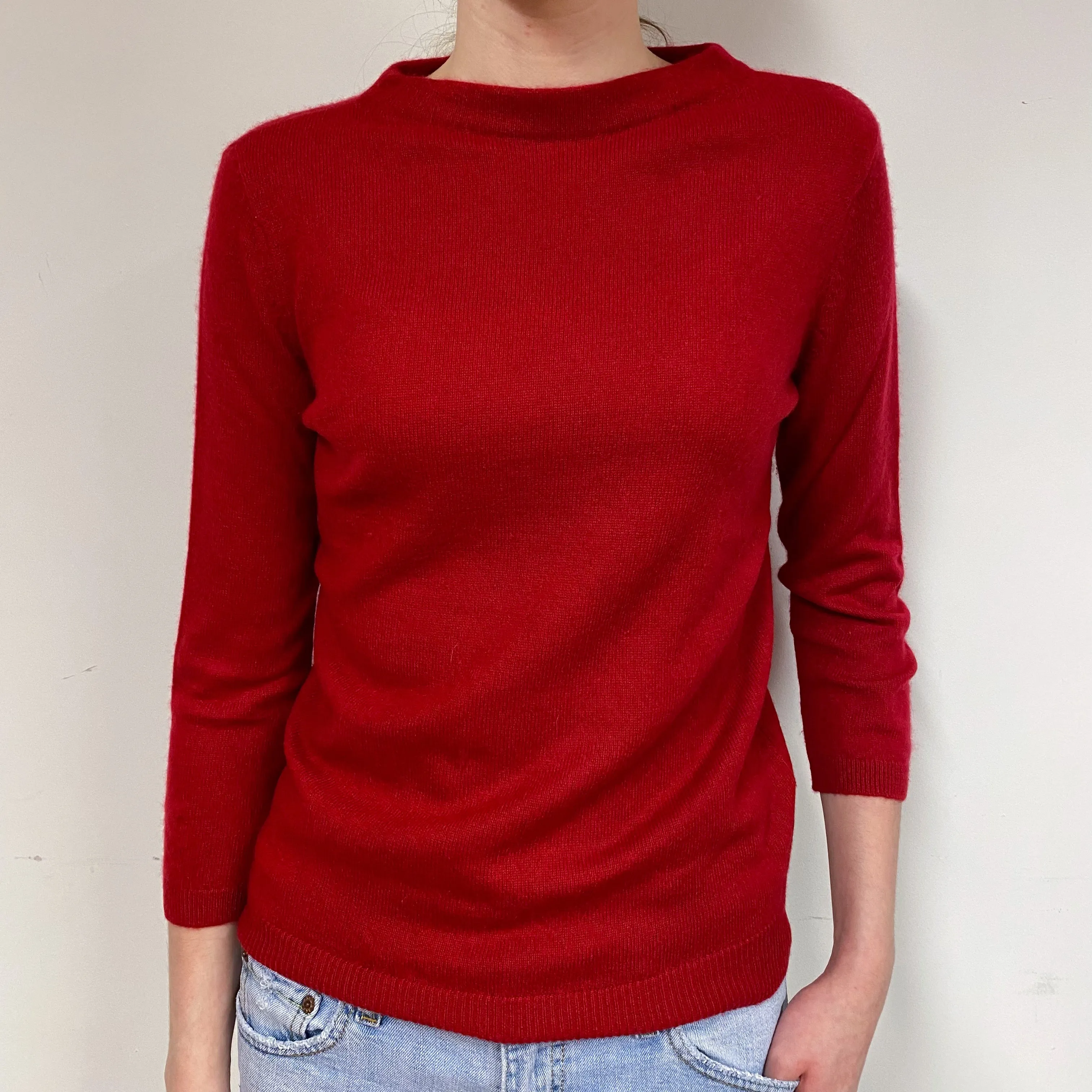 Berry Red 3/4 Sleeve Cashmere Crew Neck Jumper Small