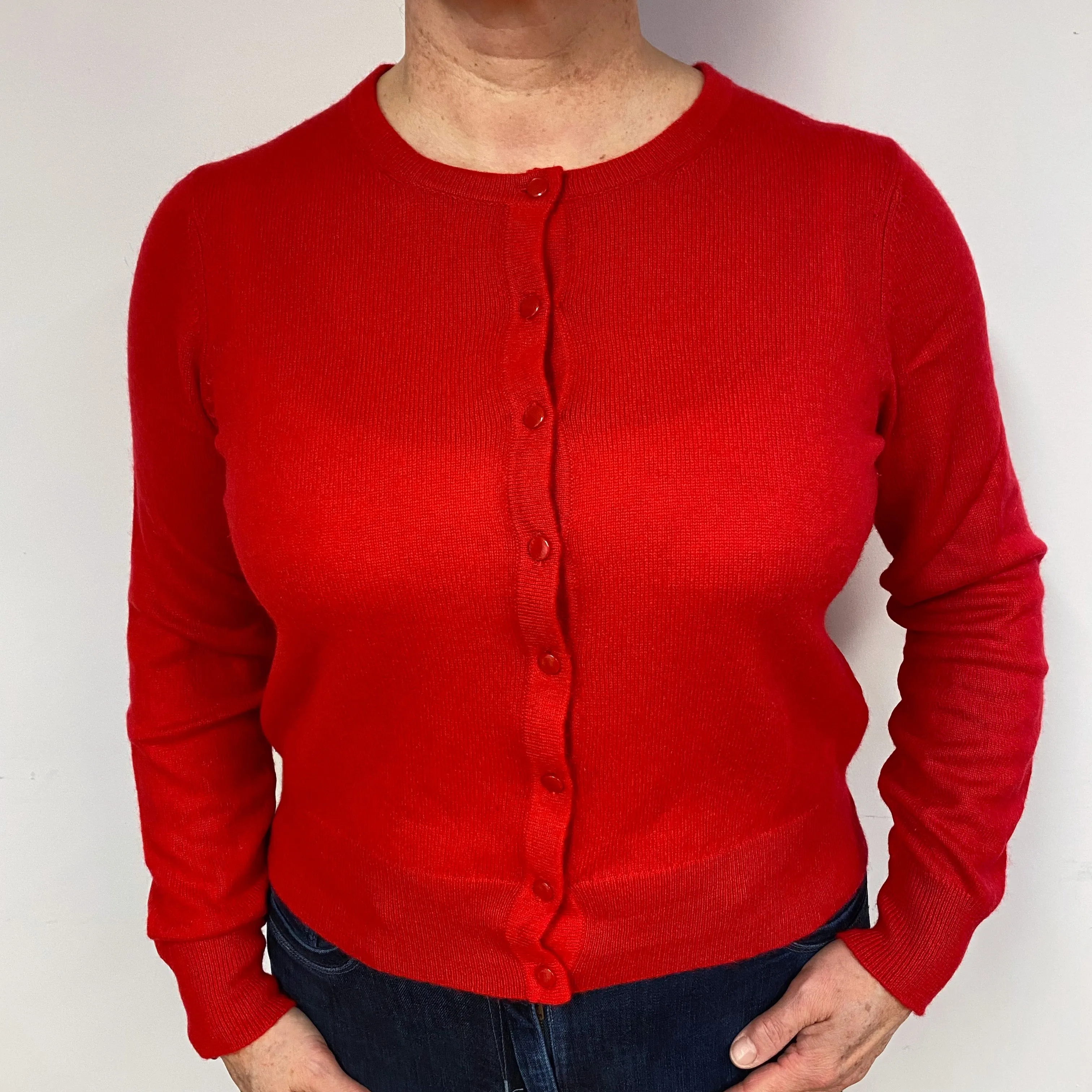 Berry Red Cropped Cashmere Crew Neck Cardigan Large