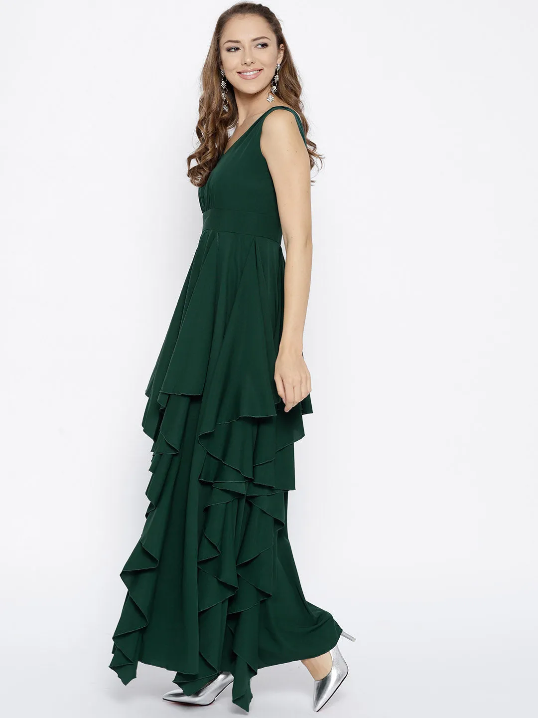 Berrylush Women Solid Green V-Neck Crepe Asymmetrical Hem Ruffled Maxi Dress