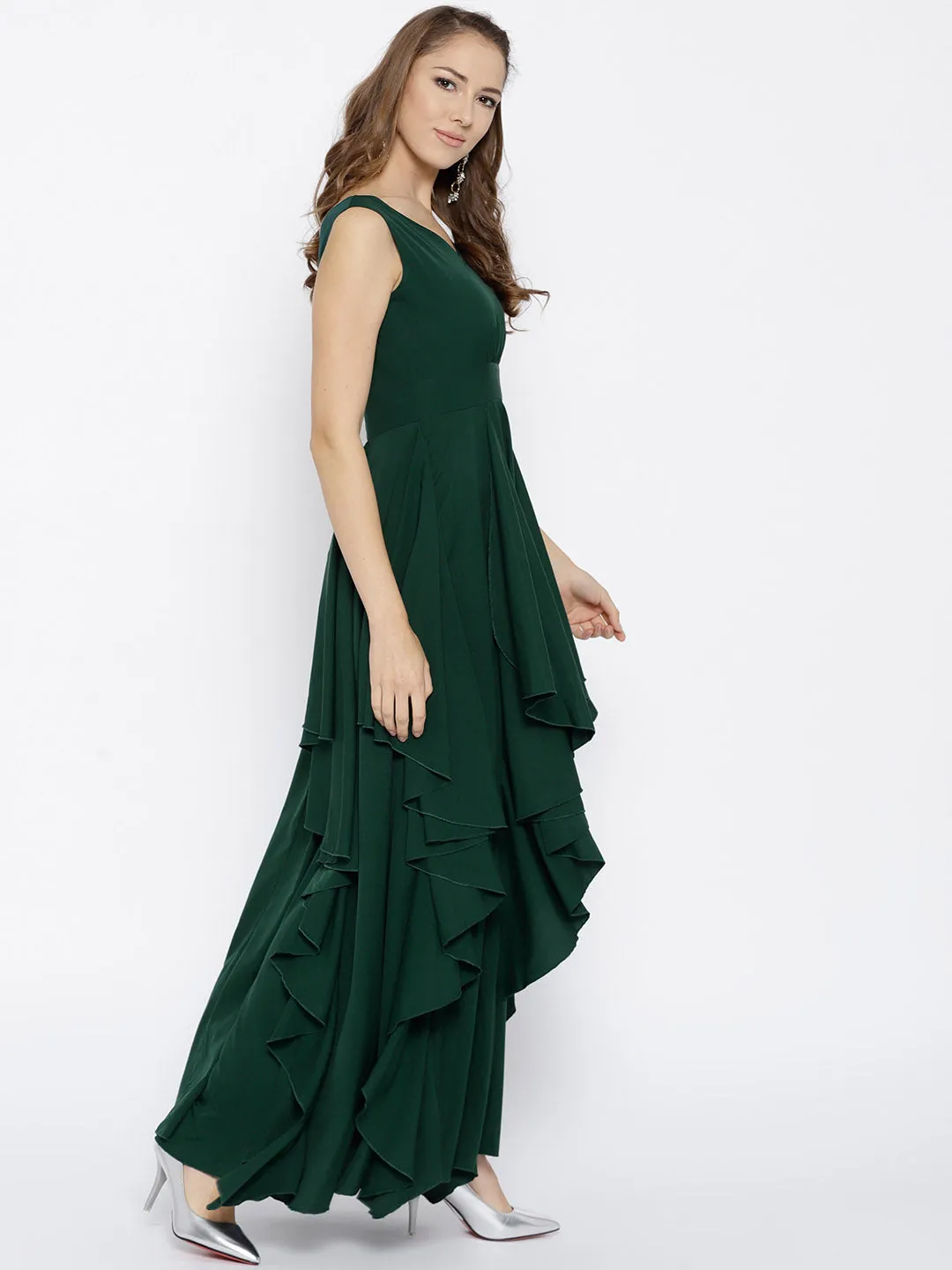 Berrylush Women Solid Green V-Neck Crepe Asymmetrical Hem Ruffled Maxi Dress