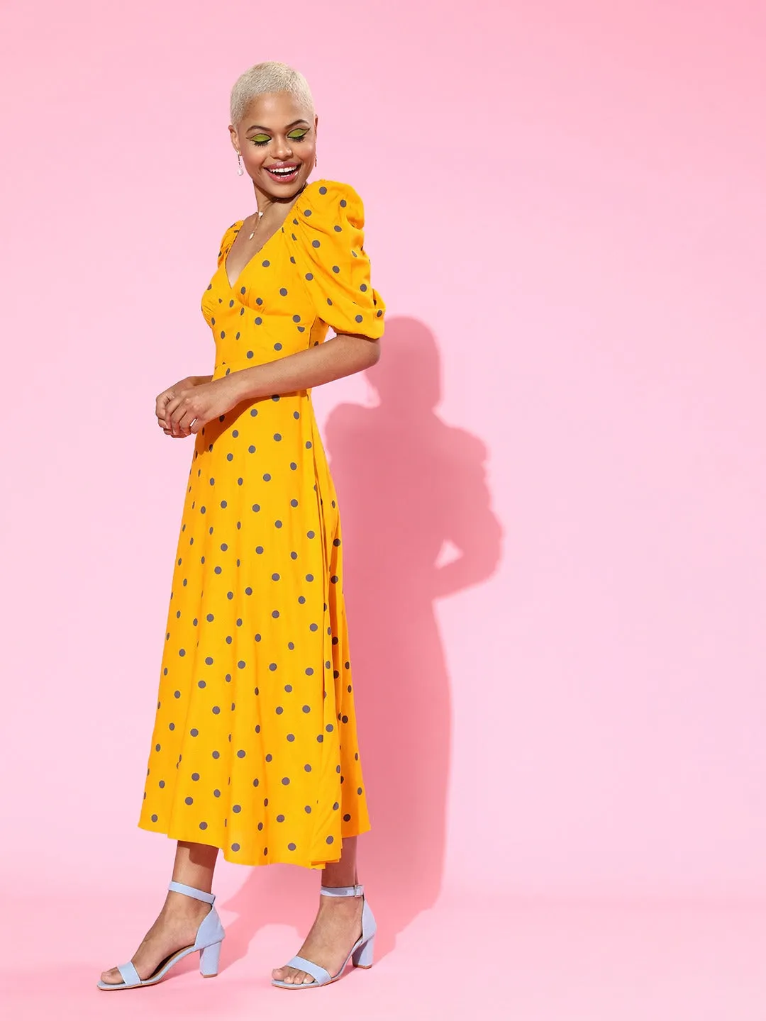 Berrylush Women Yellow & Black Polka Dot Printed Sweetheart Neck Flared A-Line Maxi Dress