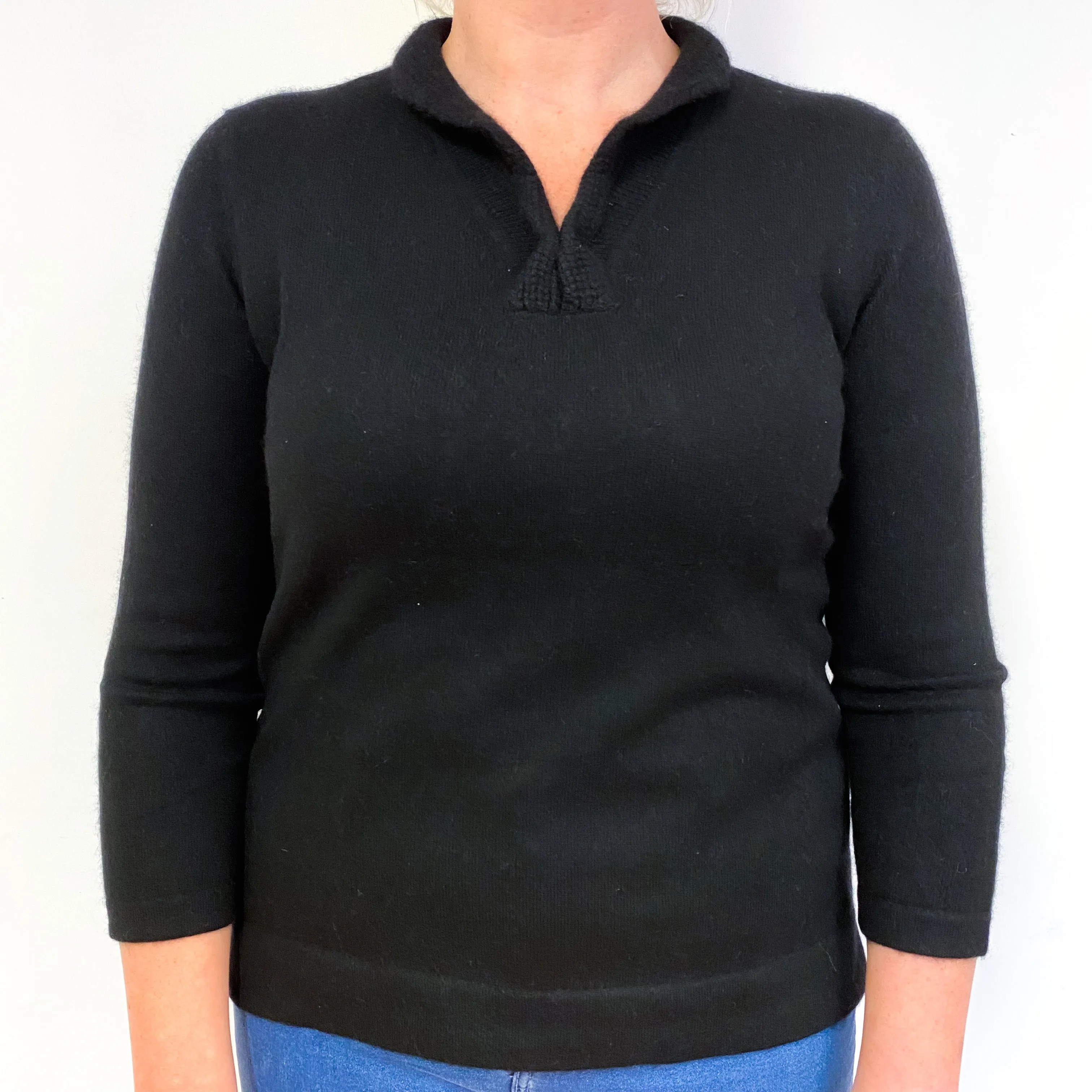 Black 3/4 Sleeve Cashmere Collared V-Neck Jumper Large