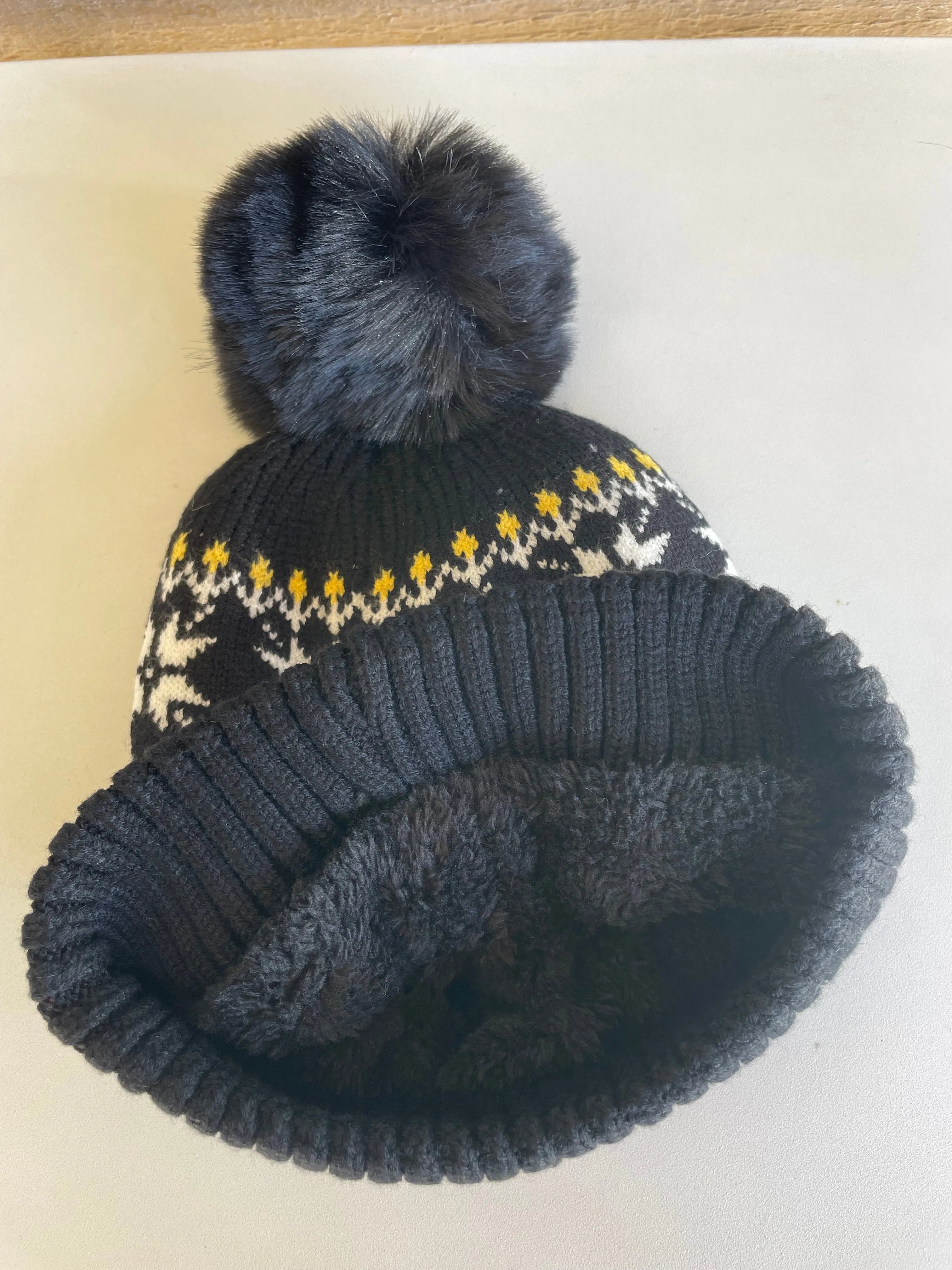 Black & Yellow Winter Pom Pom Beanie w/Fur Lining