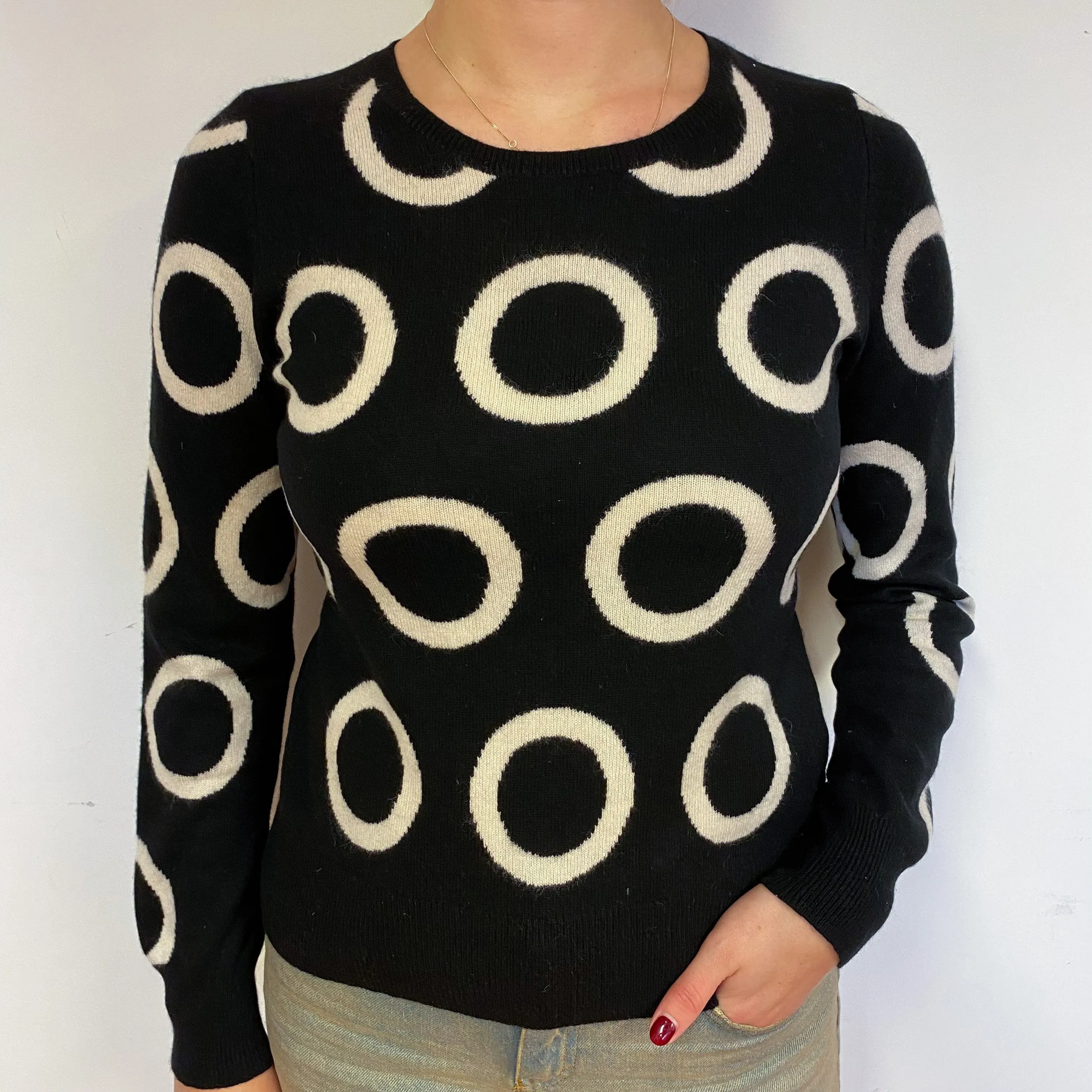 Black and Cream Cashmere Crew Neck Jumper Small