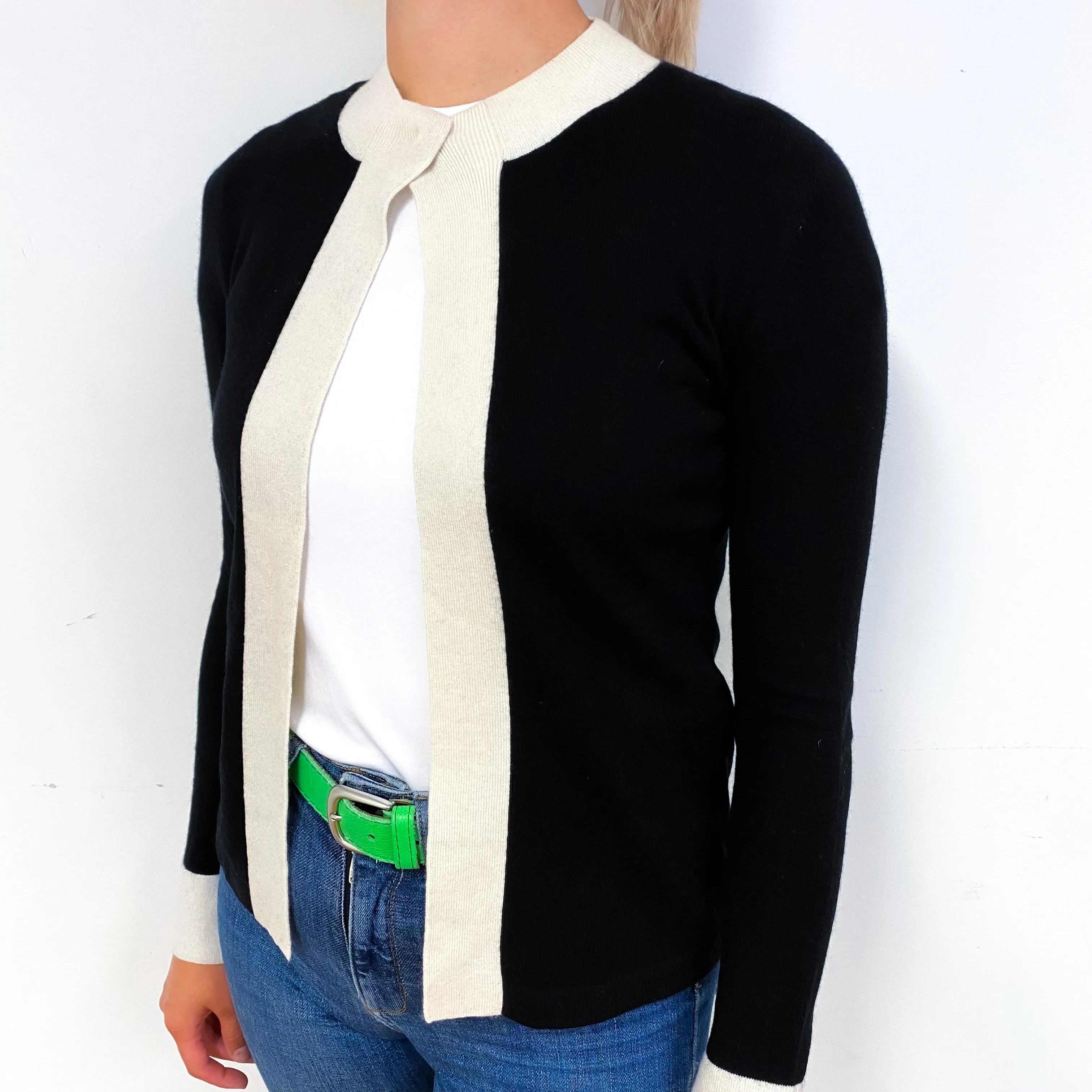 Black and Cream Cashmere Open Front Cardigan Small