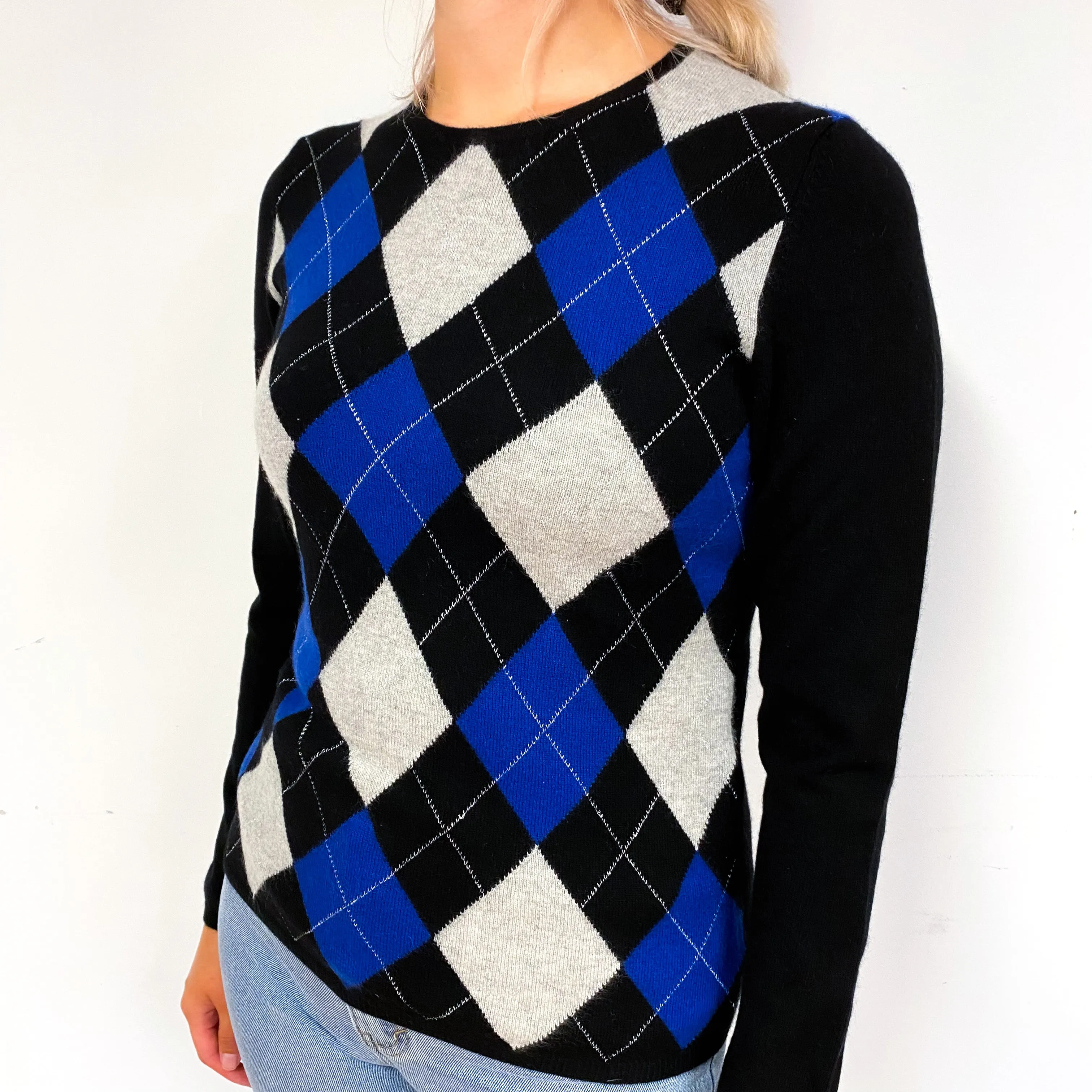 Black Blue Argyle Cashmere Crew Neck Jumper Small