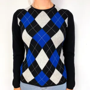 Black Blue Argyle Cashmere Crew Neck Jumper Small