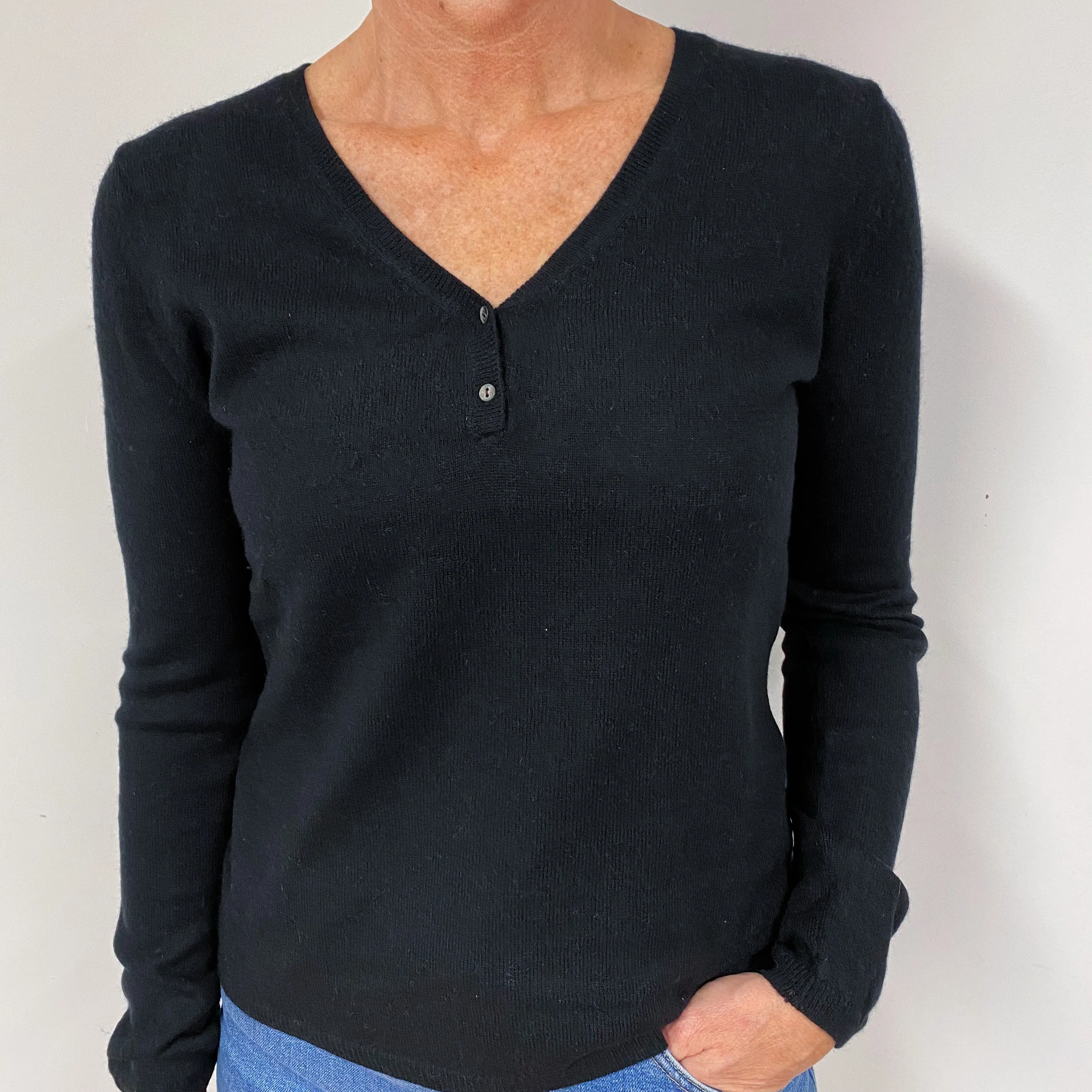 Black Buttoned Cashmere V-Neck Jumper