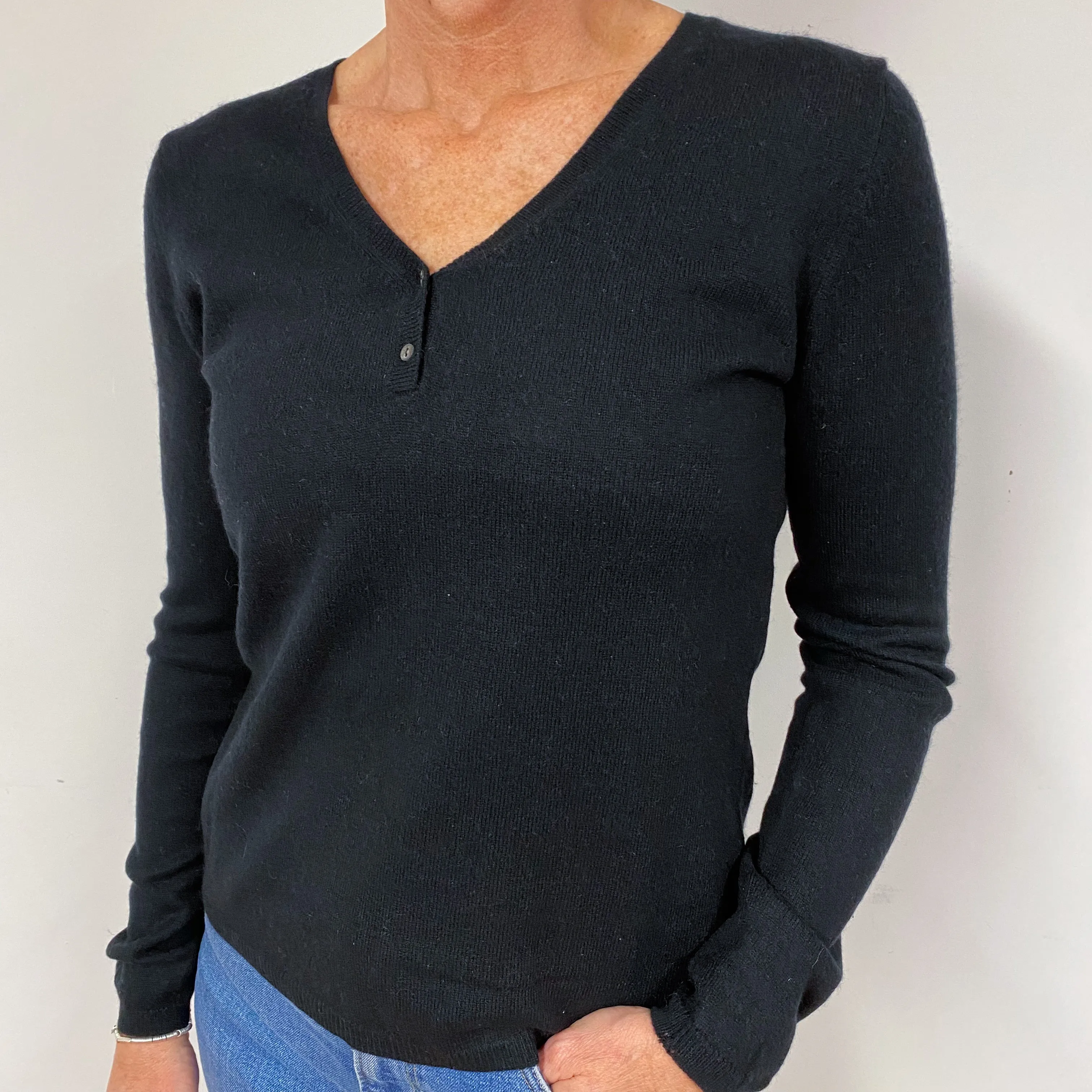 Black Buttoned Cashmere V-Neck Jumper