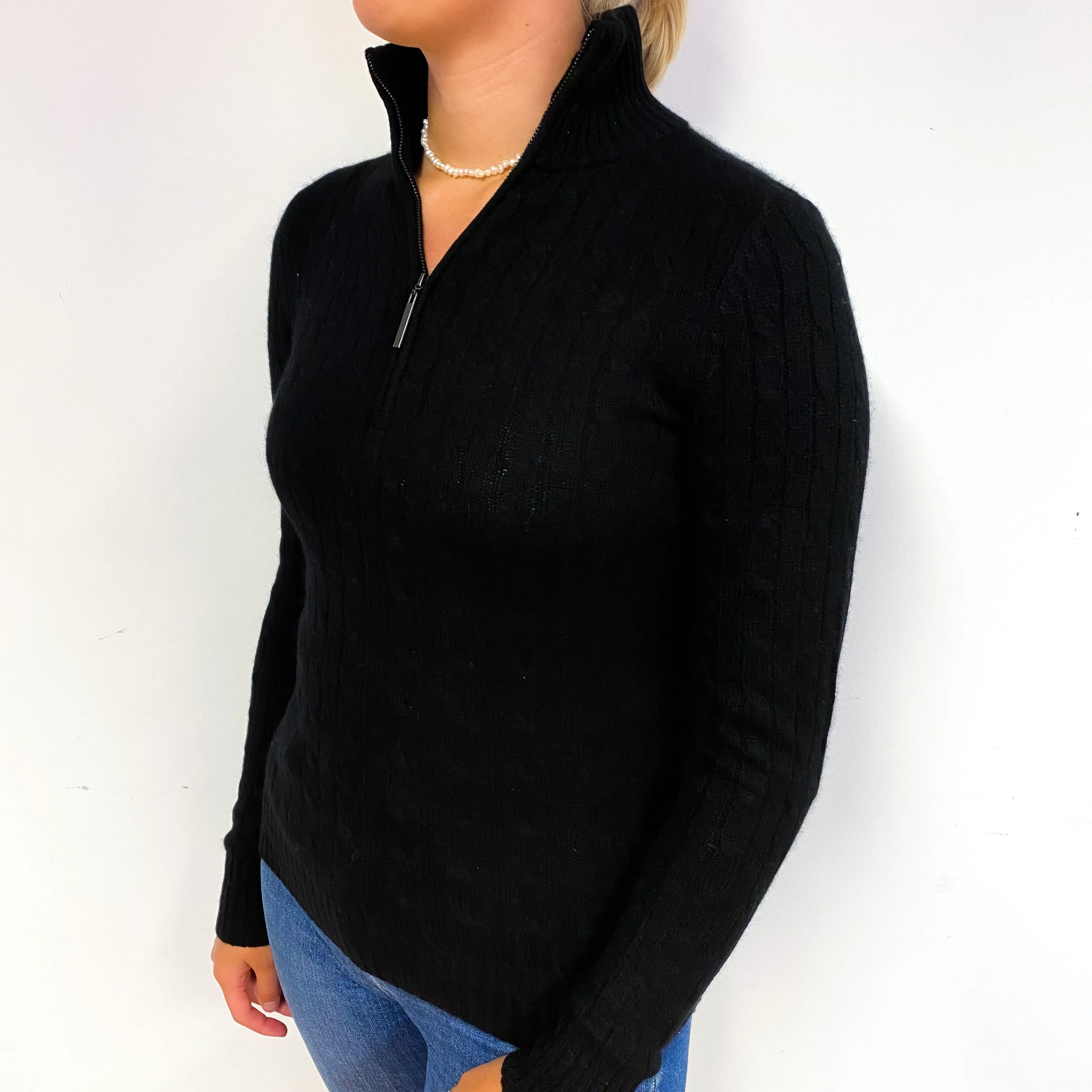 Black Cable Cashmere 1/4 Zip Turtle Neck Jumper Small