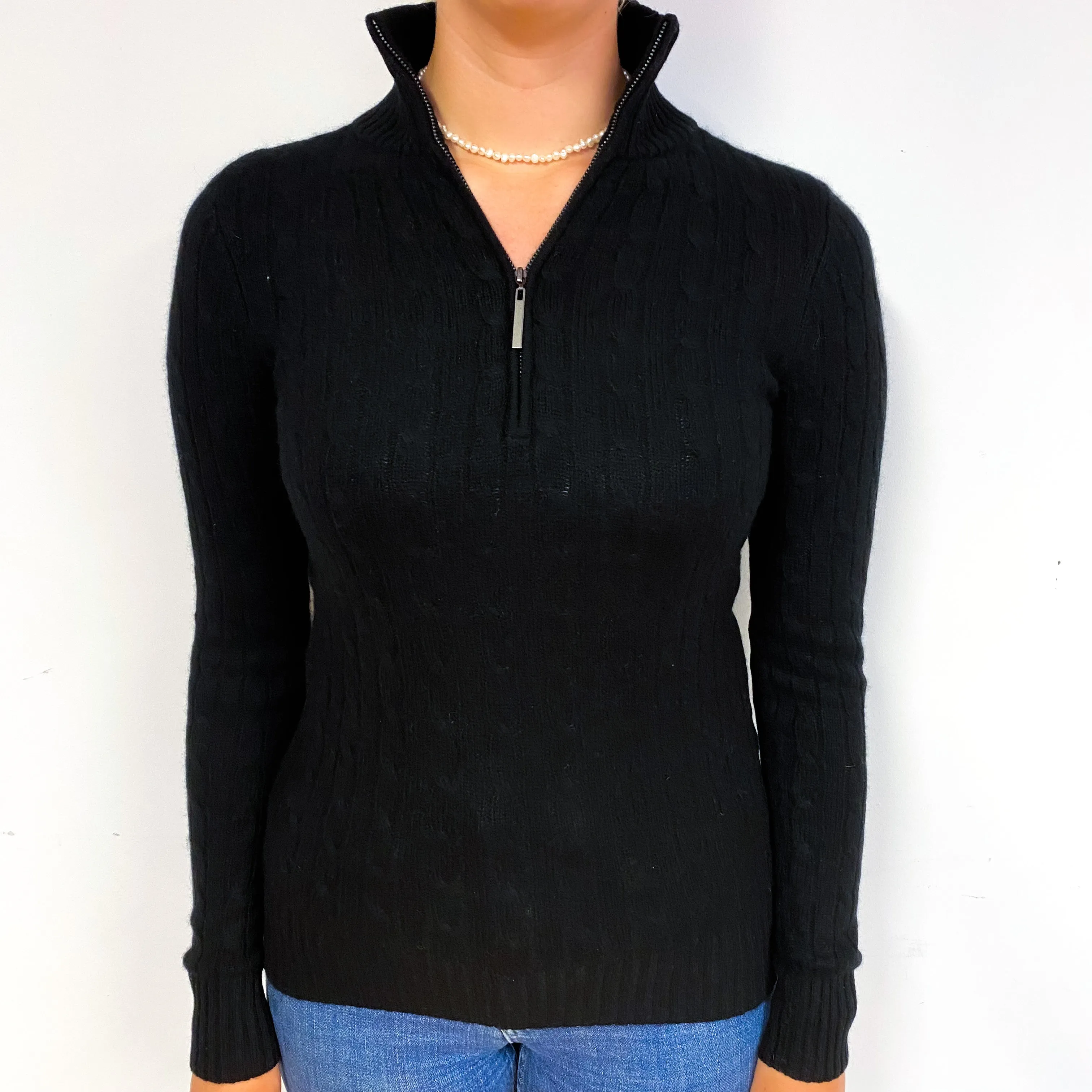 Black Cable Cashmere 1/4 Zip Turtle Neck Jumper Small