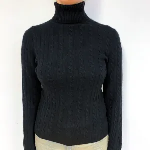 Black Cable Cashmere Polo Neck Jumper Small