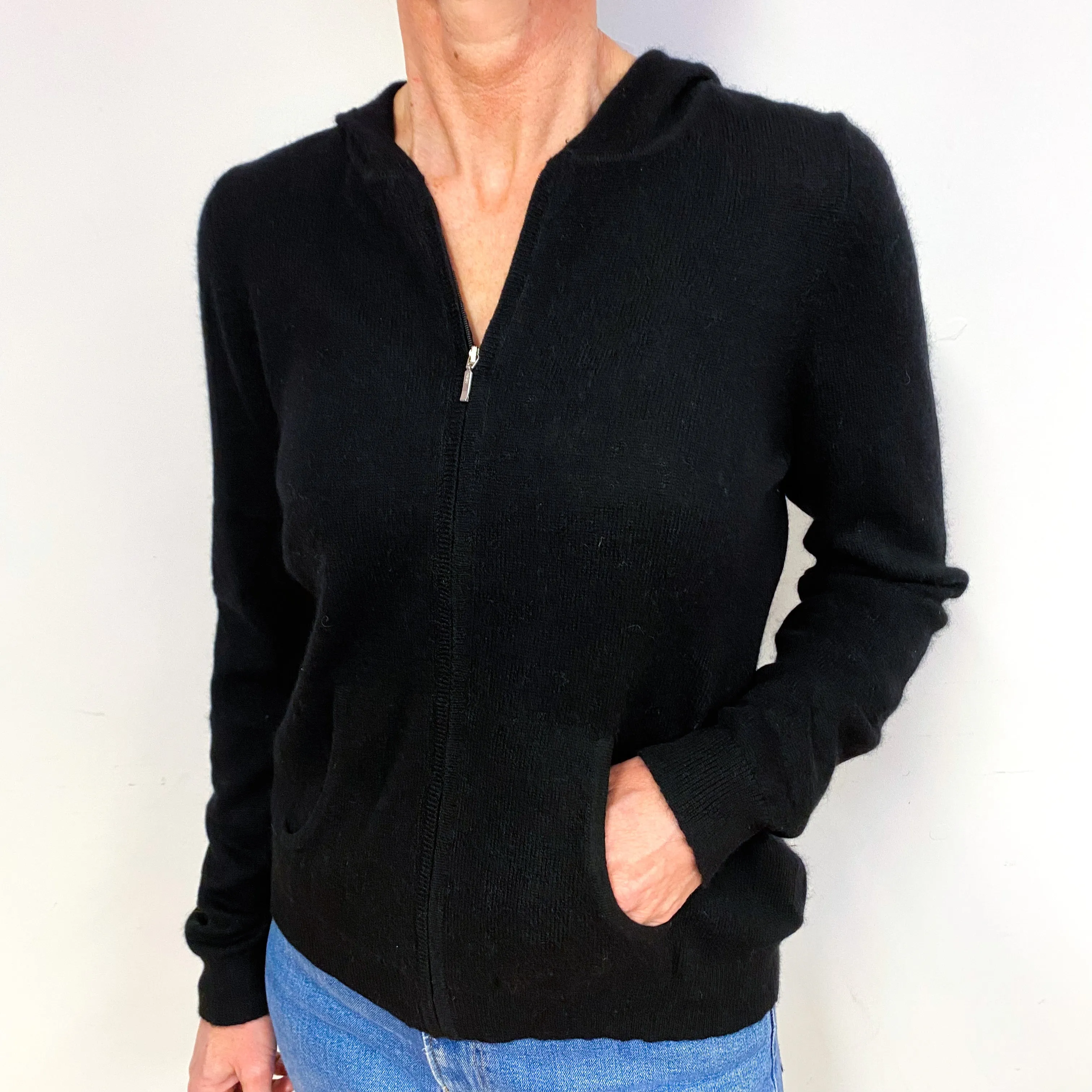 Black Cashmere Hoodie Cardigan with Pockets Medium