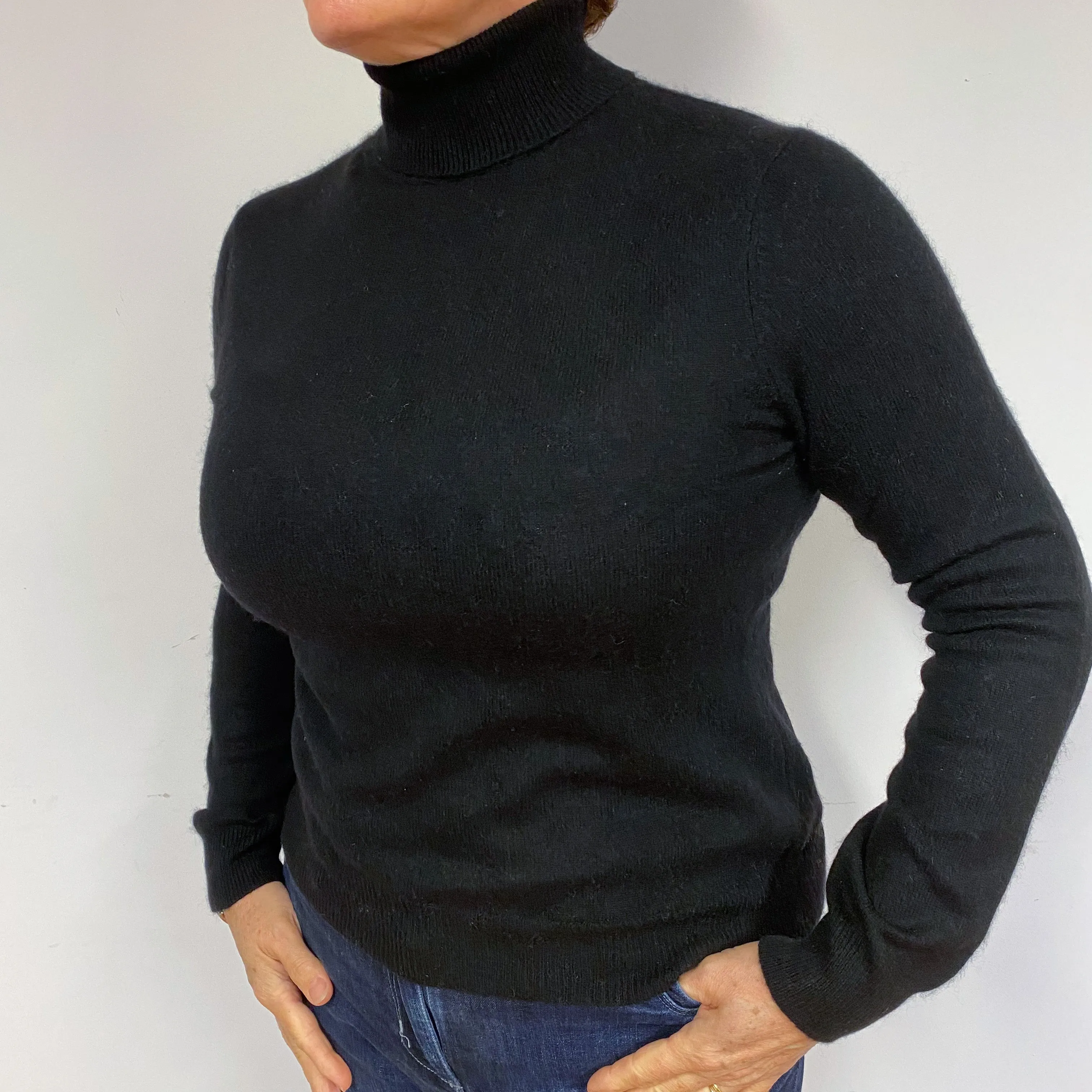 Black Cashmere Polo Neck Jumper Large.