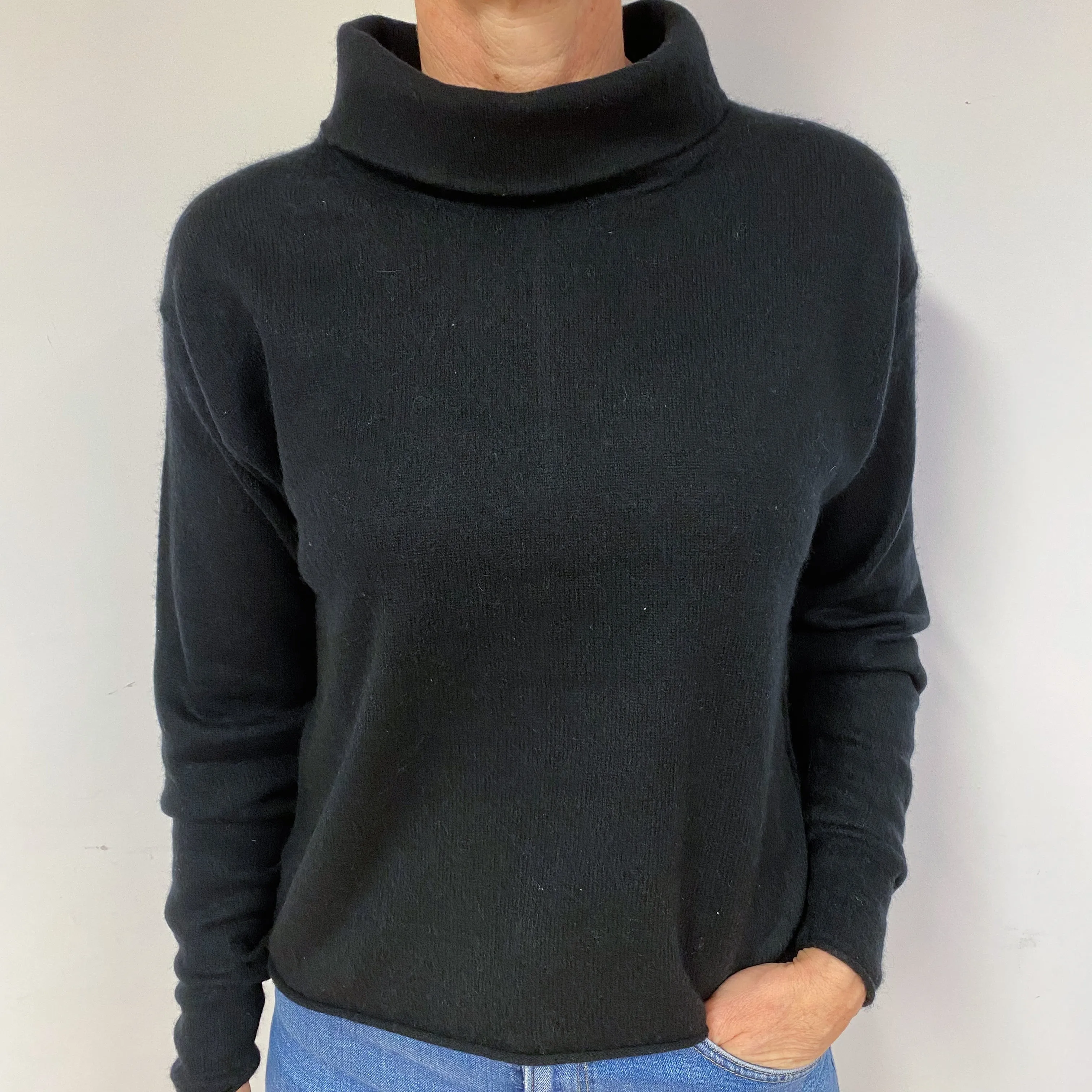 Black Cashmere Roll Neck Jumper Medium