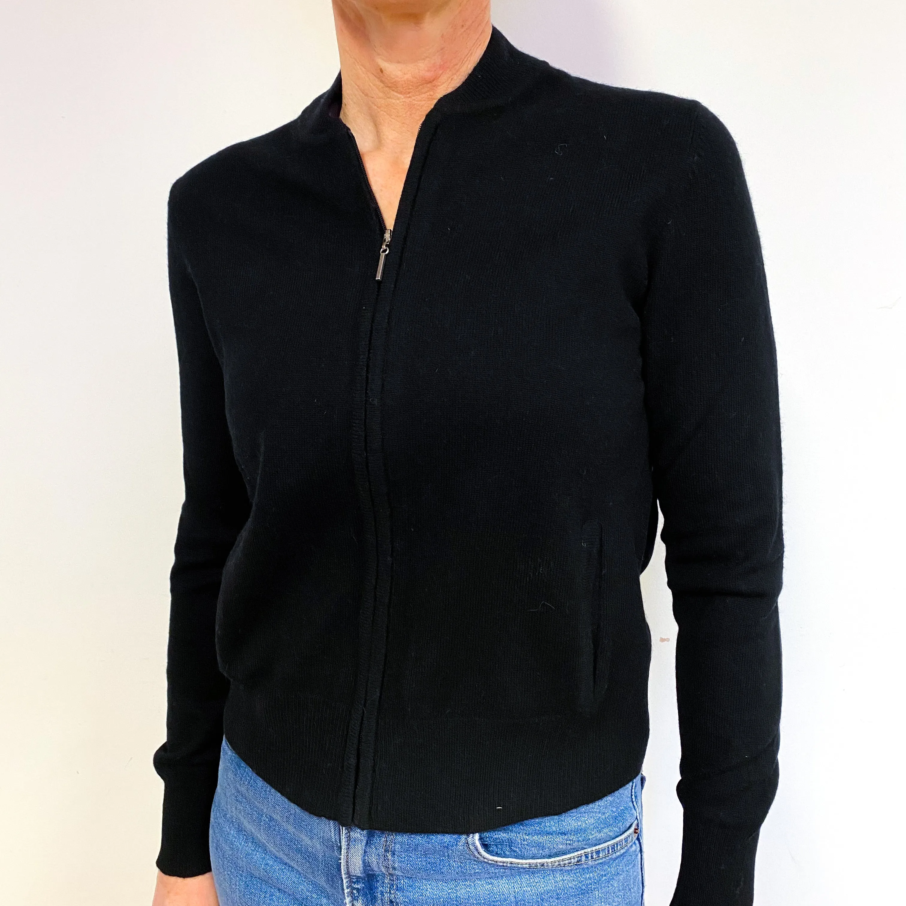 Black Cashmere Zip Front Cardigan Medium